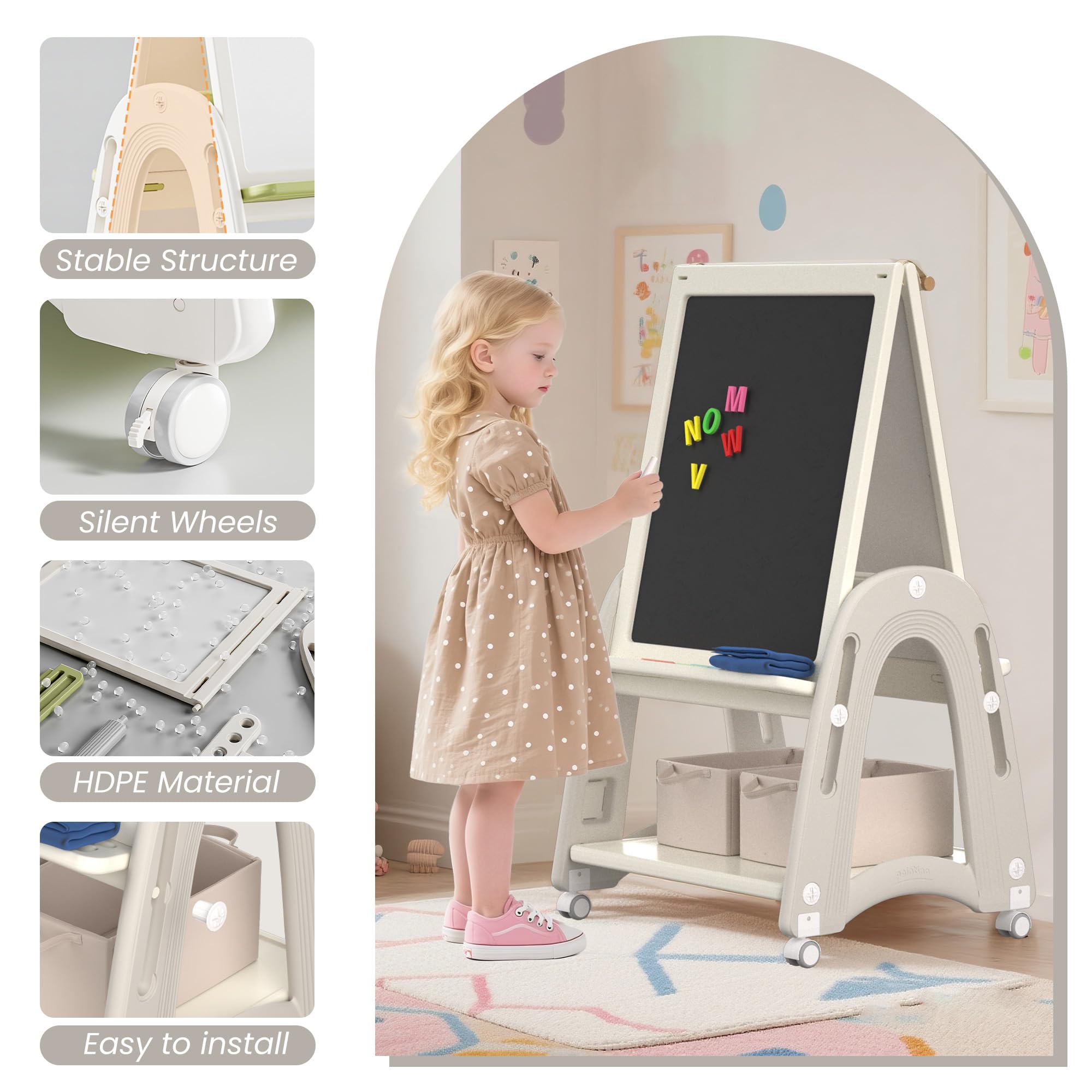 Pizarra Infantil, Caballete para Niños 3 en 1, Caballete de doble cara para niños, Altura Regulable con Rollo de Papel, Cesta de Almacenamiento y Accesorios de Pintura, Blanco
