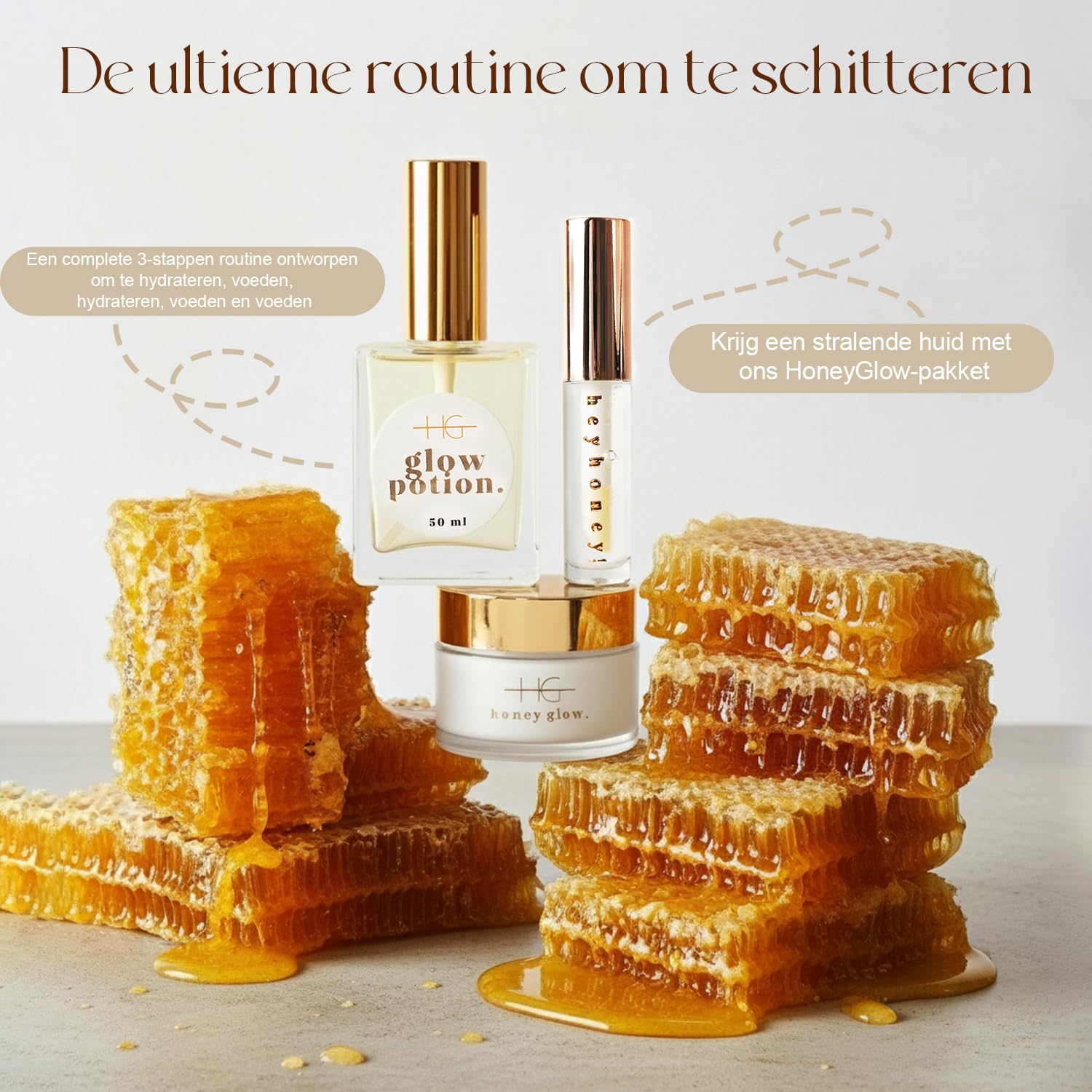 Feuchtigkeitsspendendes HoneyGlow Set | Ultra-feuchtigkeitsspendende Creme mit Miel & Ceramiden SPF15 (50ml), Glow Potion Trockenöl mit 10 Pflanzenölen (50ml) & HeyHoney Lip Serum (10ml)