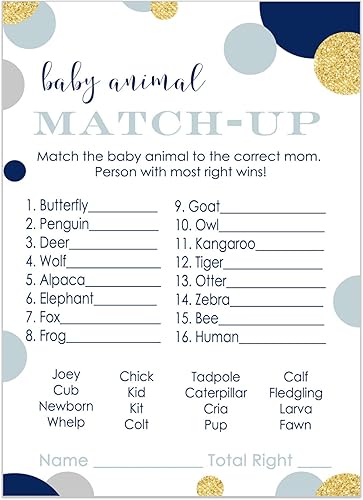 Miniatura 1 de Paper Clever Party Juego de baby shower azul marino y dorado a juego de animales para todas las ocasiones, actividades divertidas de adivinanzas,