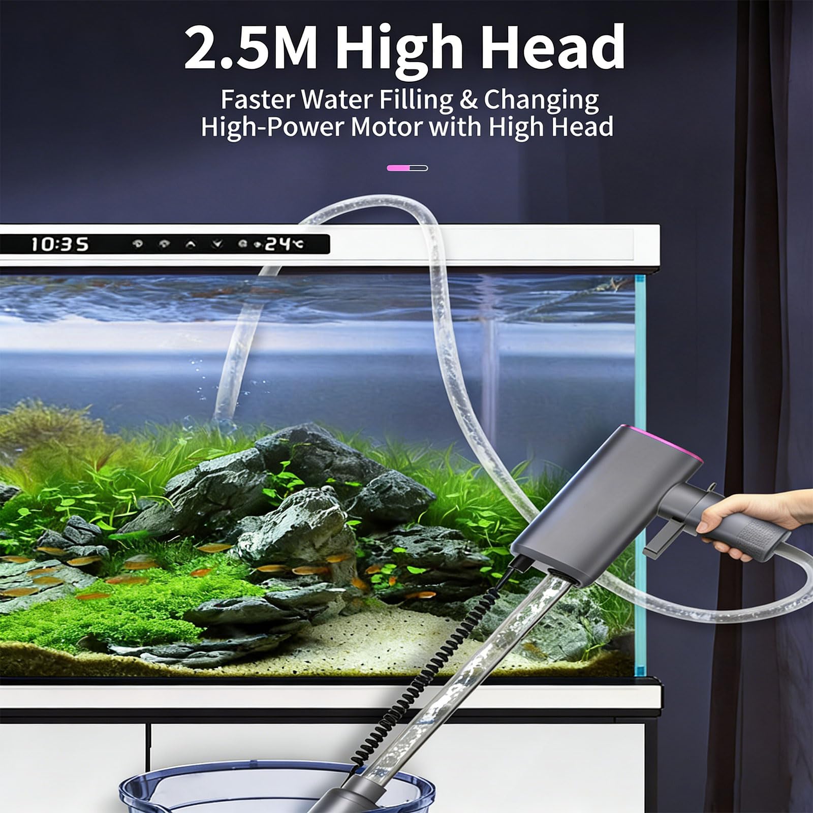 Potente cambiador de agua para cisterna de peces de 18 W con entrada de 27 mm y pantalla de gestión digital, limpiador integrado para acuarios