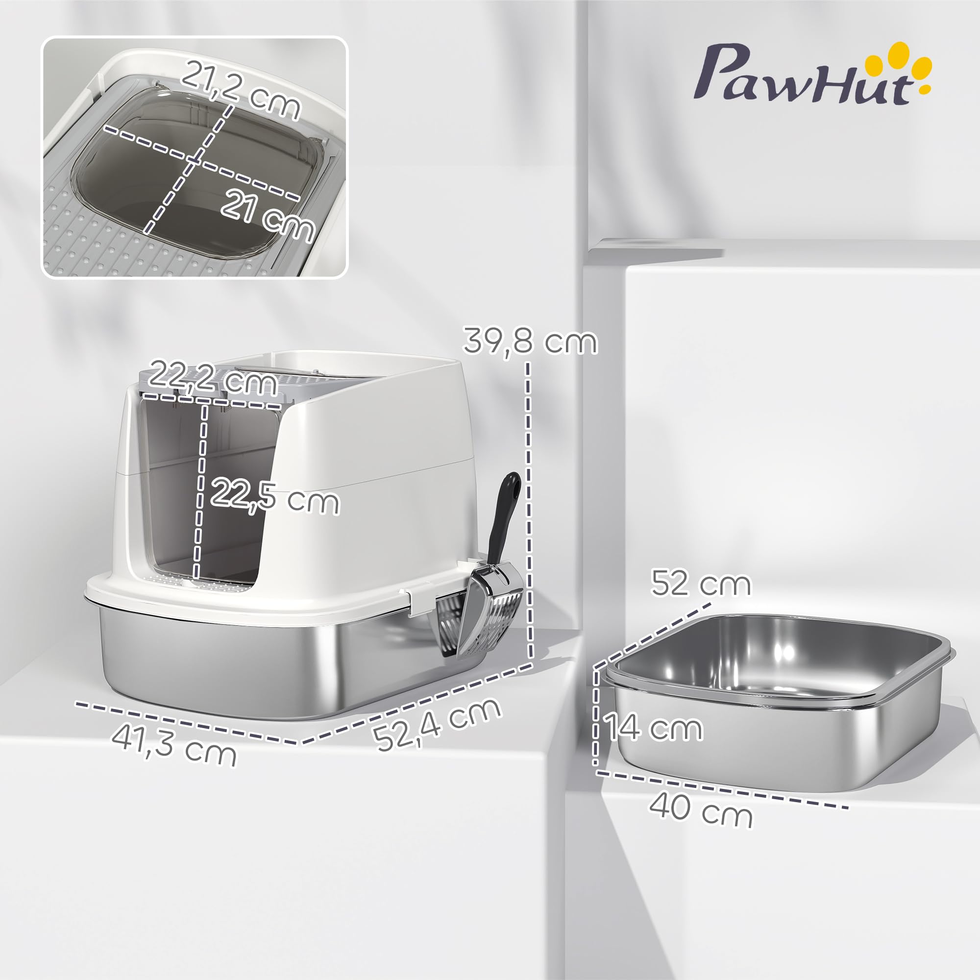 PawHut Arenero para Gatos de Acero Inoxidable L con Tapa Abatible Blanco | Caja de Arena para Gatos, Pala Metálica, Bolsa Desodorizante, Fácil de Limpiar, Antifugas