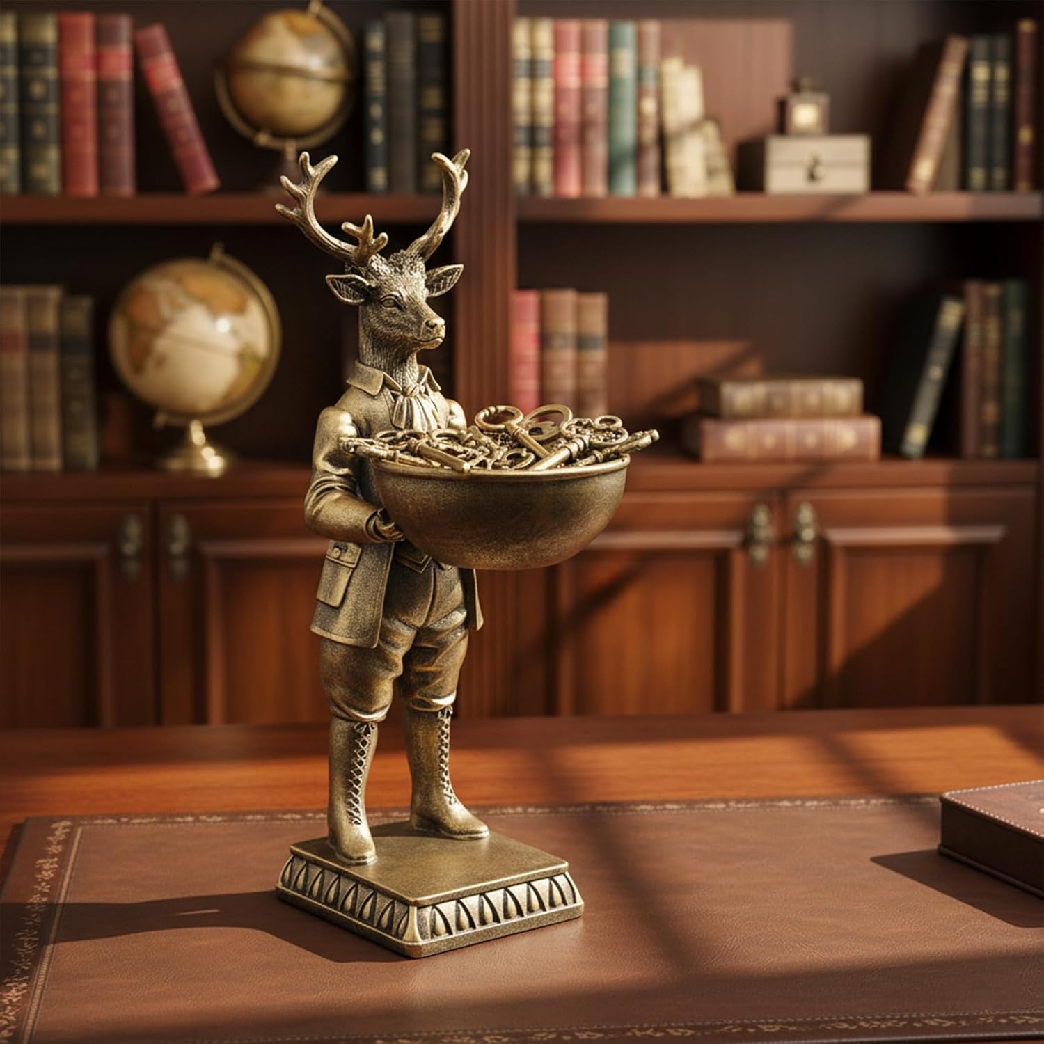 12.6 Inch Vintage Golden Deer Statue with Bowl,Deer Figurine Resin Tray Serving Easter Decorations, Home Arts Desktop Accessories Table Decor,Candy Key Purse Bowl (Brass Color)