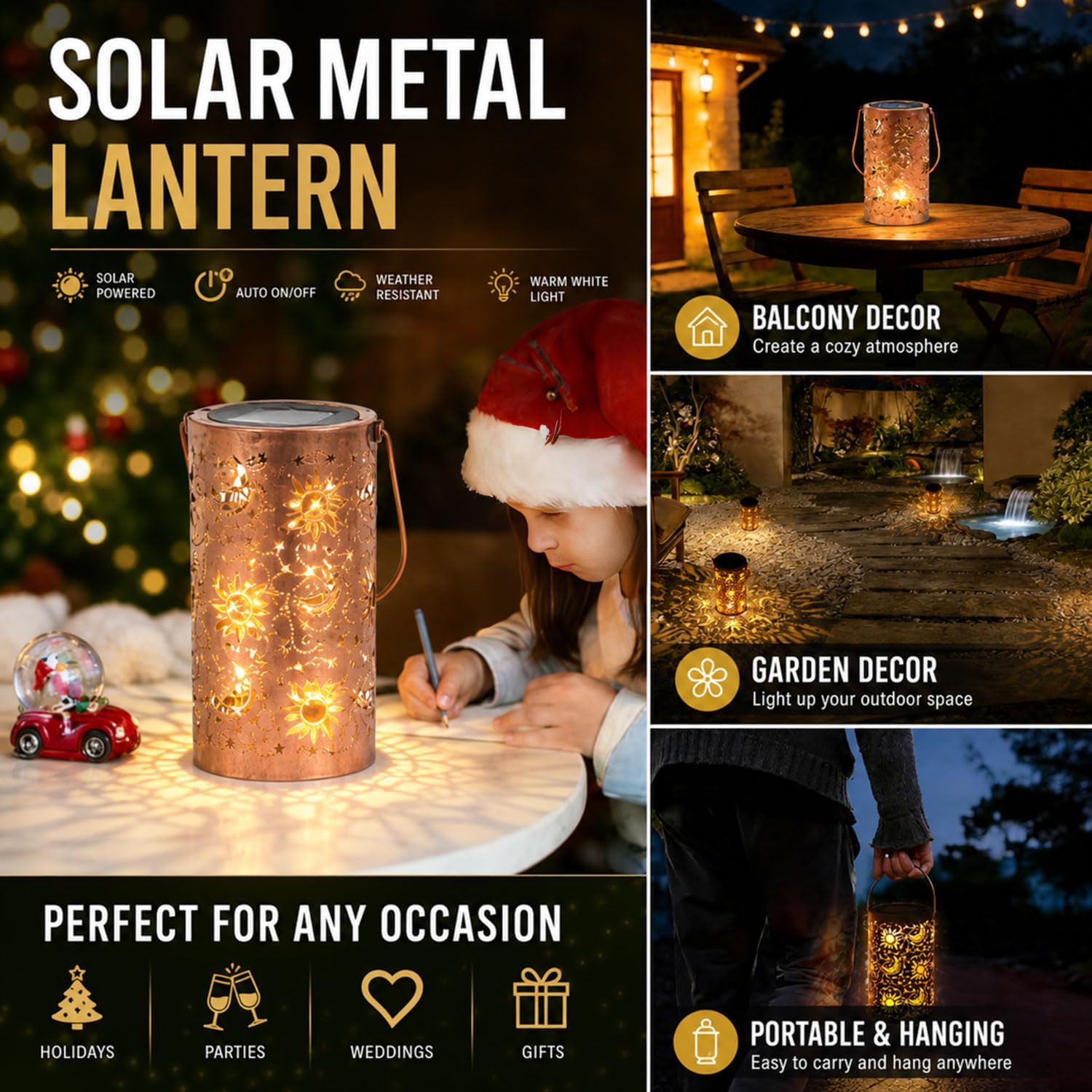 Solar Lantern Outdoor Waterproof with Sun Moon Stars Patterns, Garden Tangled Decor for Yard Patio Lawn Porch Backyard, Ramadan Light Unique Gifts for Women