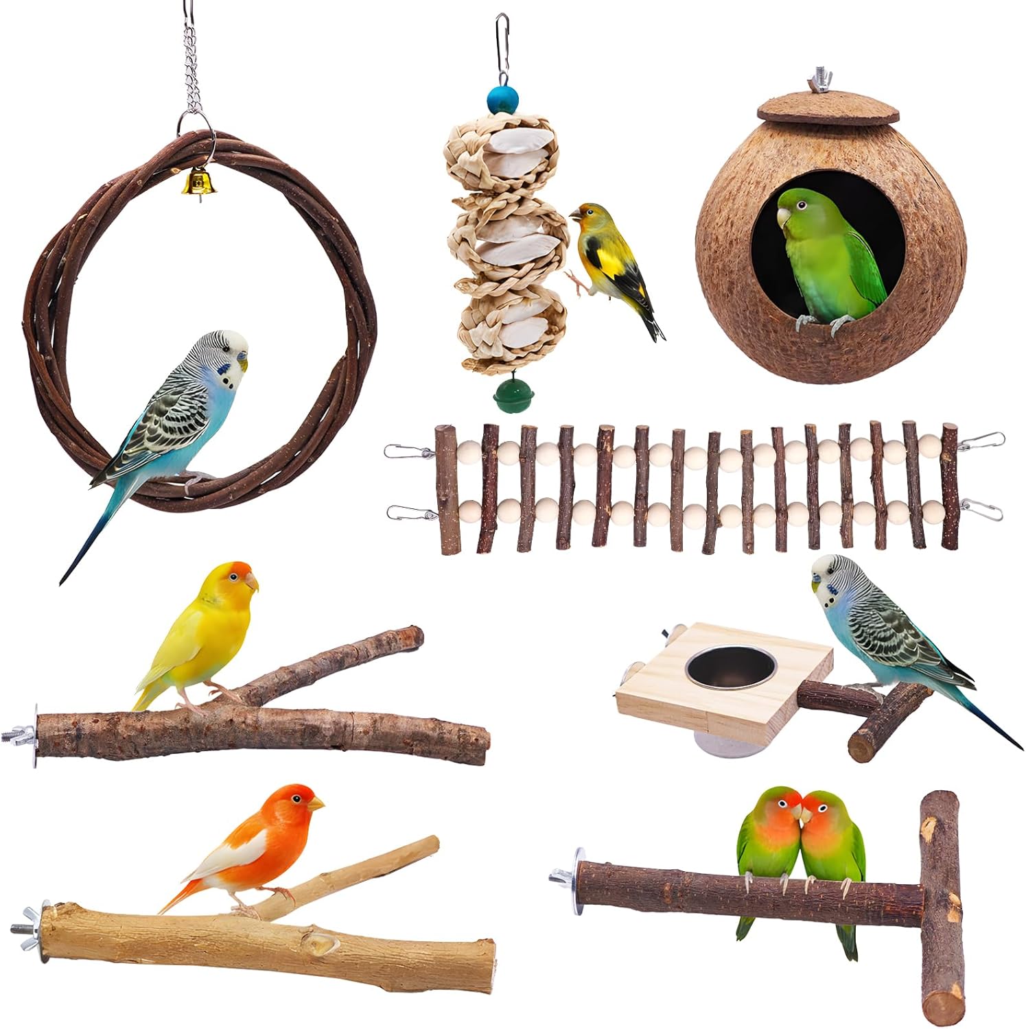 Natural Sichuan Pepper Birdcage Perch, Suitable for Conures, Cockatiels, Budgies, can Stand on Branches as Toys, Bird Swings, Bird feeders, Eight-Piece Natural Wood Birdcage Perch Set.