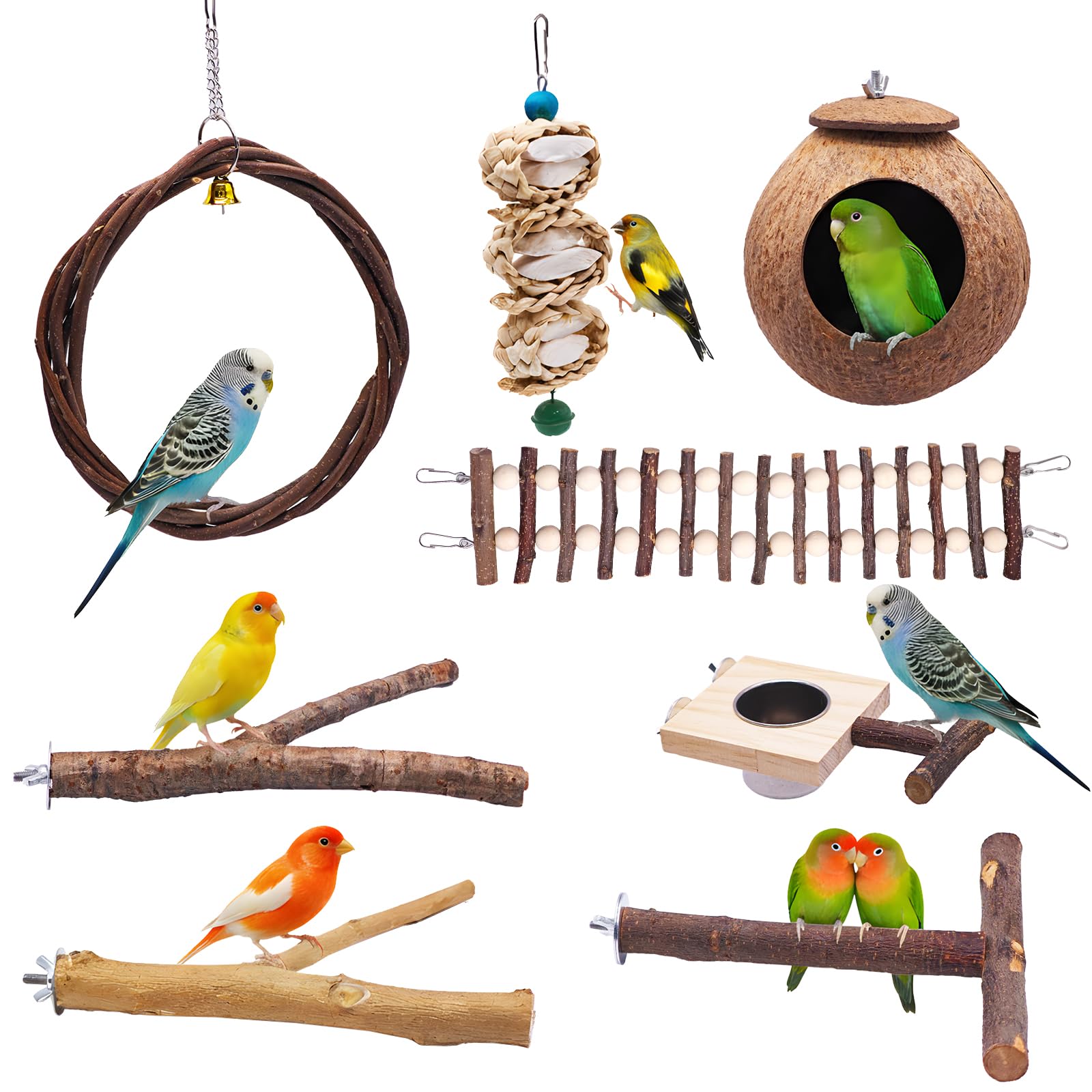 Natural Sichuan Pepper Birdcage Perch, Suitable for Conures, Cockatiels, Budgies, can Stand on Branches as Toys, Bird Swings, Bird feeders, Eight-Piece Natural Wood Birdcage Perch Set.