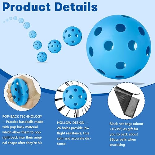 Vista 13 de Coopay Paquete de 18/36 pelotas de práctica de béisbol, bolas de entrenamiento de plástico, bolas de softball huecas ligeras para golpe, Azul