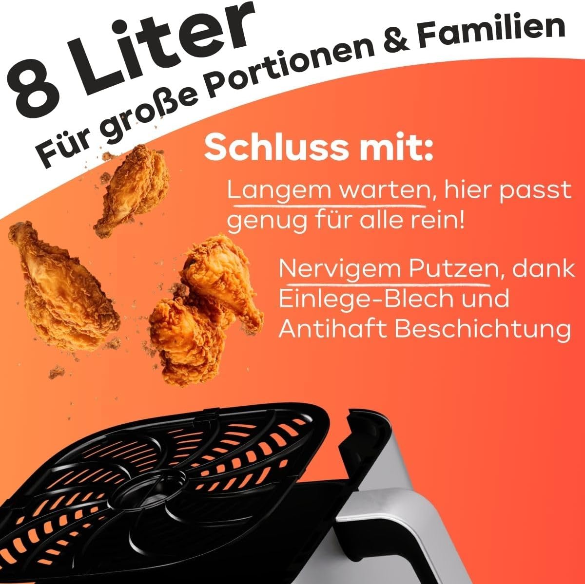 Three crispy fried chicken pieces, demonstrating the 8-liter capacity of the air fryer.