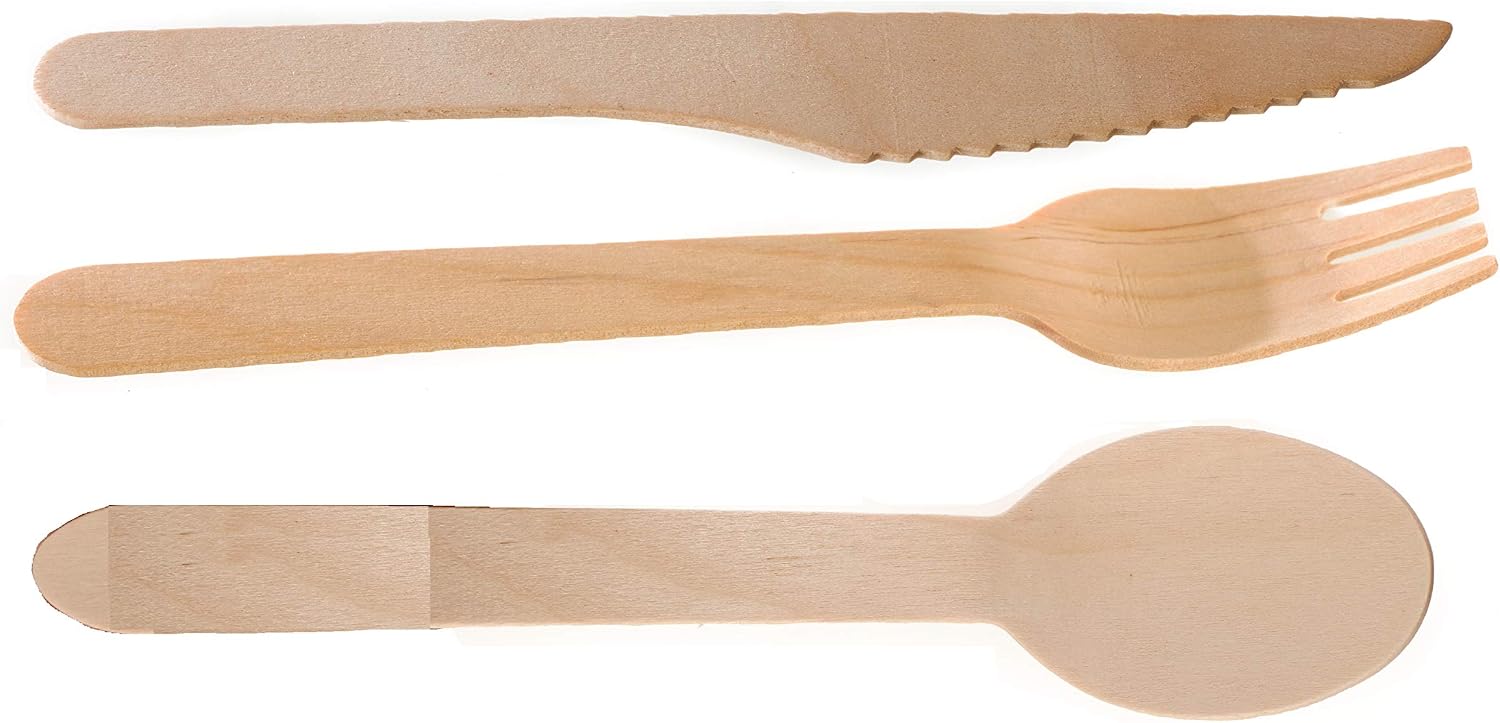 [200 PACK] Disposable Wooden Cutlery Set 3 in 1 - Wooden Fork, Knife, Spoon Set - Ecofriendly, Compostable, Silverware for Weddings, Parties, Breakrooms, Lunchrooms by EcoQuality