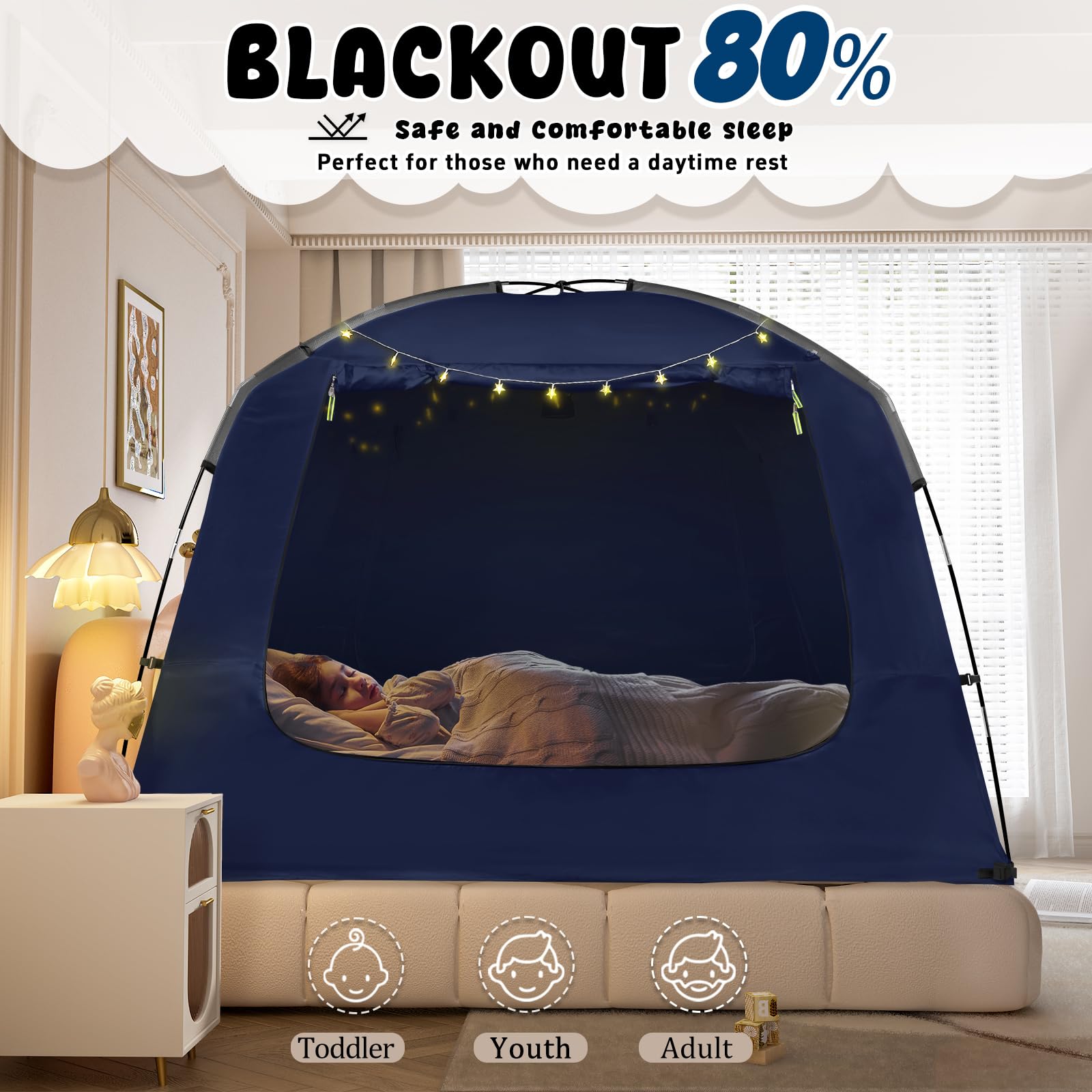 RIYDH Bed Tent Bed Canopy Breathable 100% for Adult and Kids Light Reduction Sleeping Dream Tents Indoor Portable Big Space with String Light 4 Doors Twin Full Queen King Size