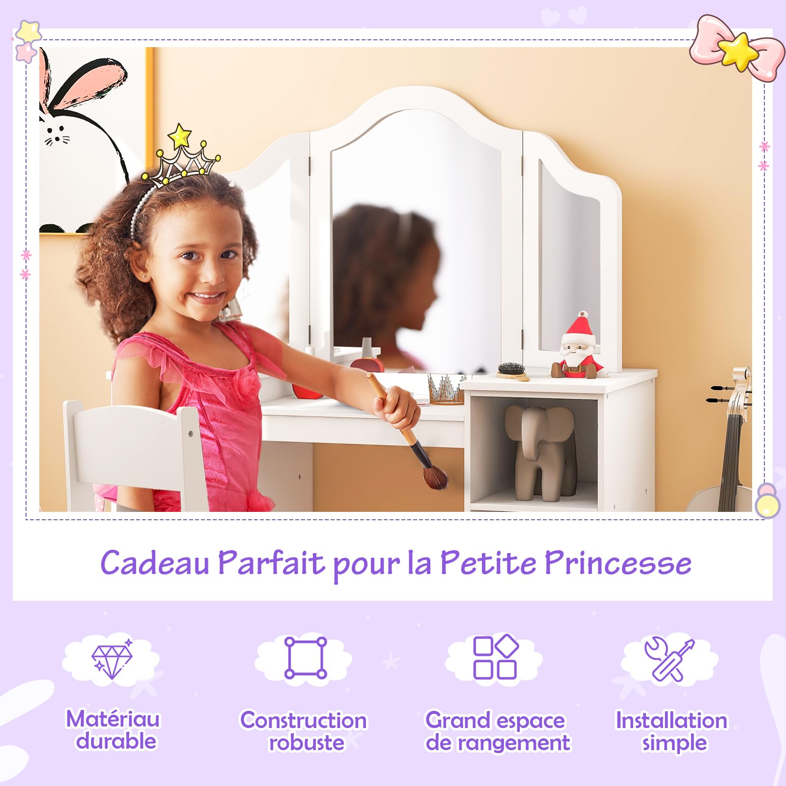DREAMADE 2 en 1 Coiffeuse Enfants Fille avec Tabouret,Table de Maquillage Princesse avec Miroir Triptyque Amovible,4 Étagères Ouvertes (Blanc+Tabouret)
