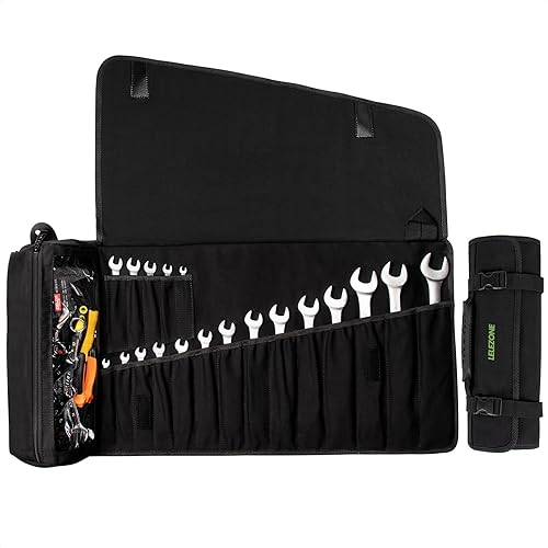 lelezone Rollo de Llaves de Lona Resistente | Bolsa Organizadora de Llaves de 19+1 Bolsillos, Bolsa Enrollable Portátil Todo-en-Uno para Mecánicos y