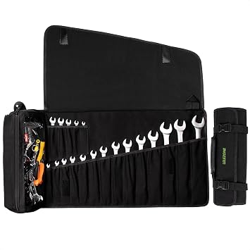 LELEZONE Wrench Roll Up Pouch, 19+1 Pockets Utility Roll, Portable Tool Organization Roll Bag, Gifts for Men Father Mechanic, Heavy Duty Canvas Wrench Organizer BagBlack