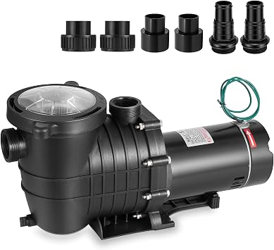 Leomru 1.5 HP Pool Pump 6500 GPH Self Priming in/Above Ground Swimming Pool Pump 110V/220V Dual Voltage Single Speed Pumps with Strainer Basket 6Pcs Connectors