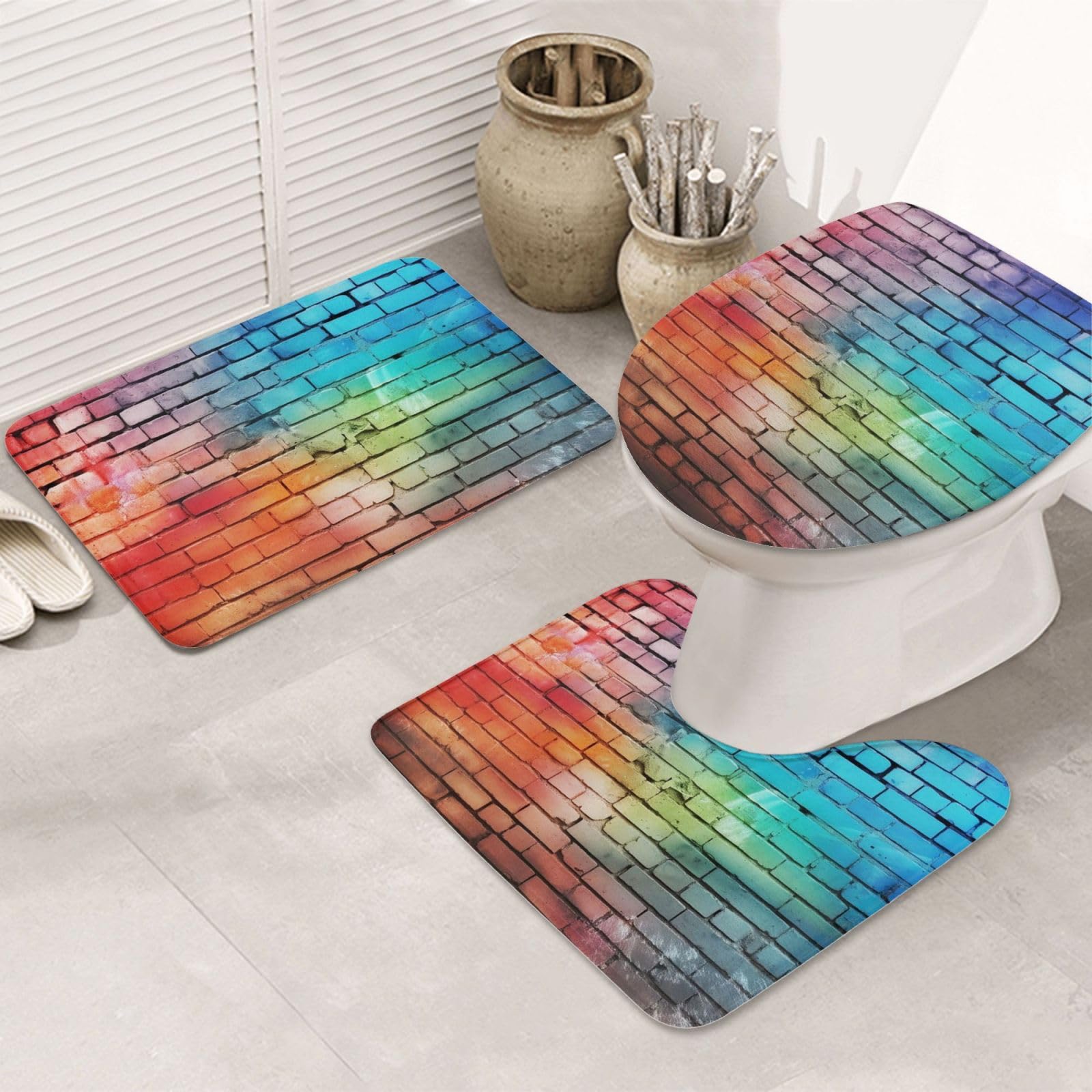 Tapis de salle de bain absorbants en U motif brique colorée haut confort