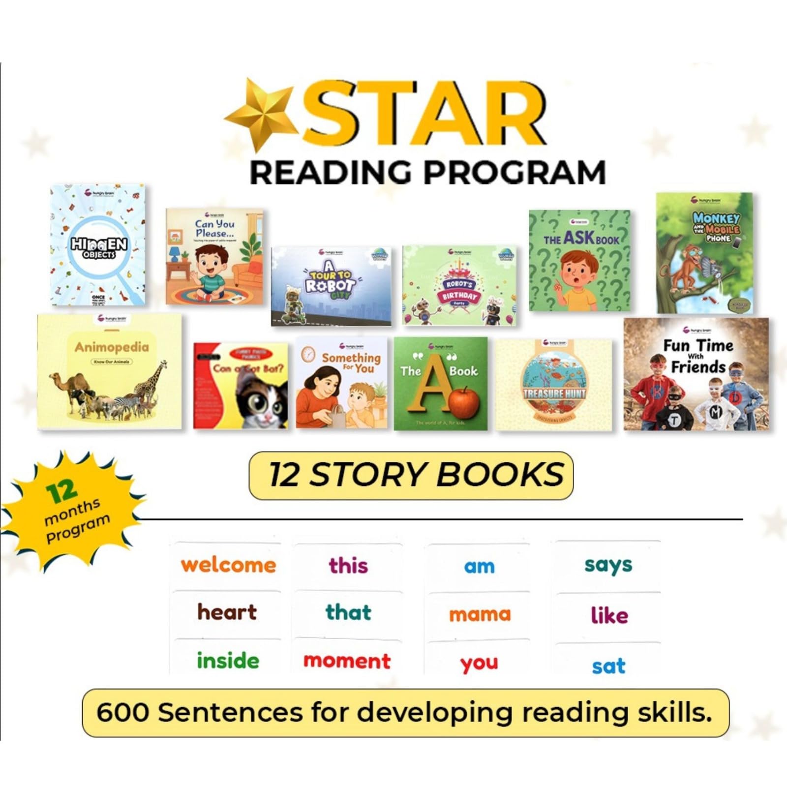 Hungry Brain Schede flash con parole visive per asilo, 600 flashcard di lettura con frasi di libri di storia, programma di lettura di 12 mesi, lettura precoce e vocabolario per bambini dai 3 anni in