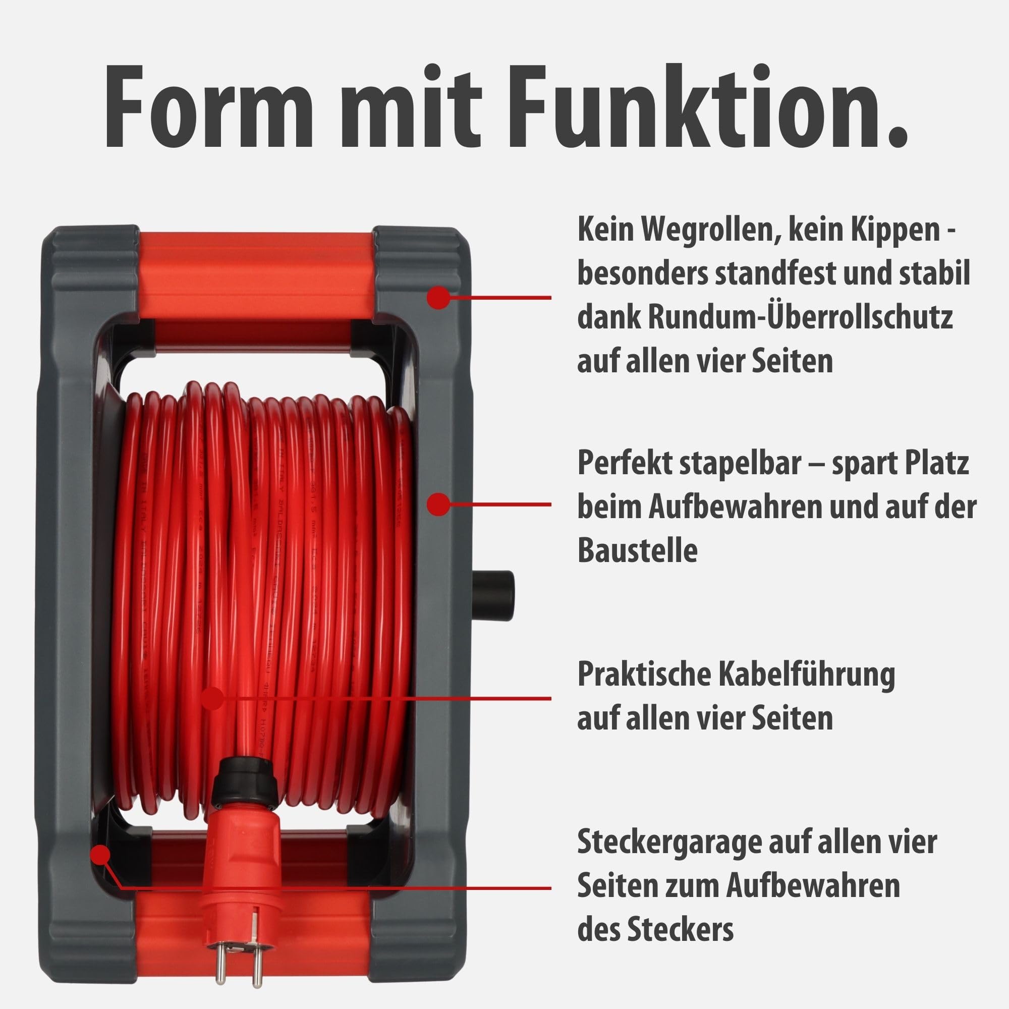 Brennenstuhl Avvolgicavo professionale per cantiere, KA 3110 5 IP44 (33 m H07BQ-F 3G1,5 cavo rosso, uso in cantiere e uso esterno permanente, 5 prese di sicurezza, Made in Germany)