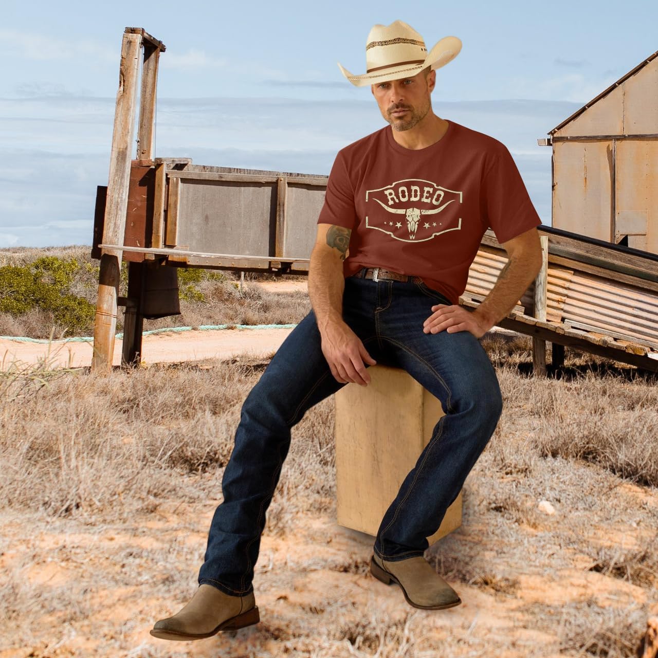 Western Cowboy Rodeo Shirts: Mens Vintage Cow Skull Graphic Tees Boho Country Concert Music T-Shirts
