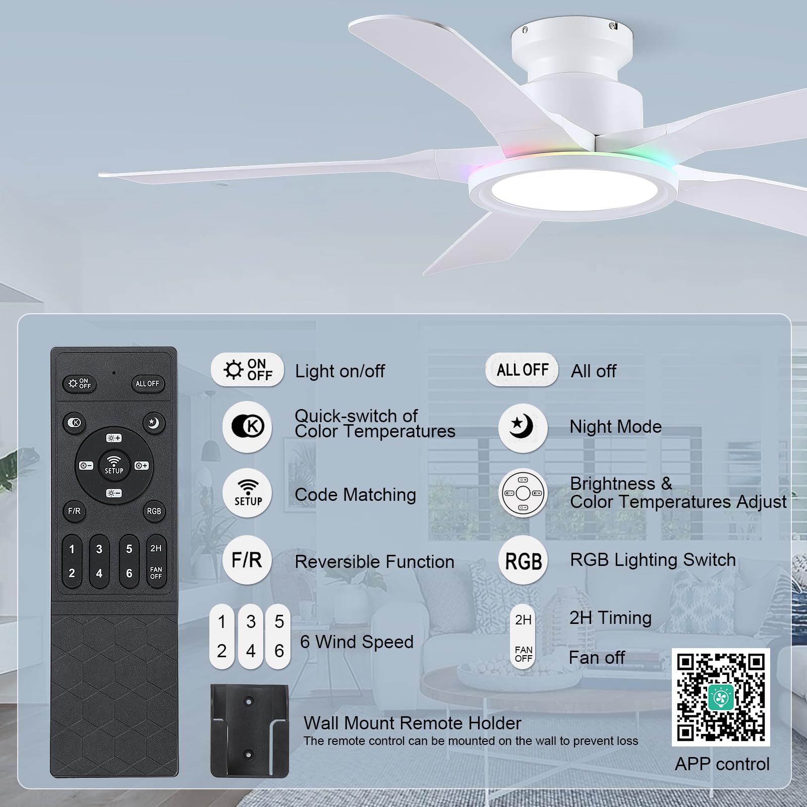Kviflon RGB Deckenventilator mit Fernbedienung, Leise DC Motor, Umkehrbar, Dimmbar LED, 132cm Deckenventilatoren für Schlafzimmer Wohnzimmer, Weiß