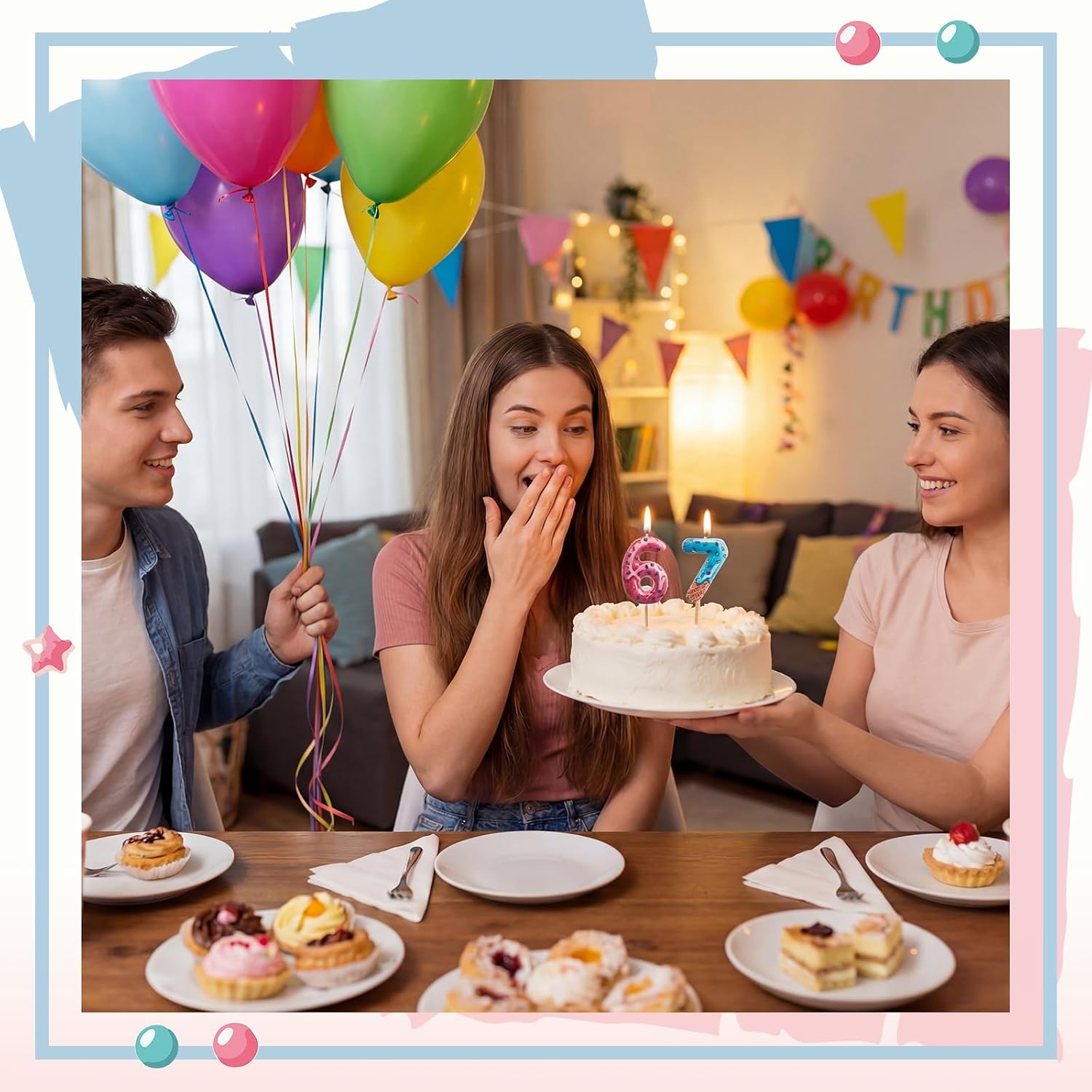 VIHOSE Funny 67 Meme Candle Blue Pink Dripping Donut Ice Cream Cake Topper