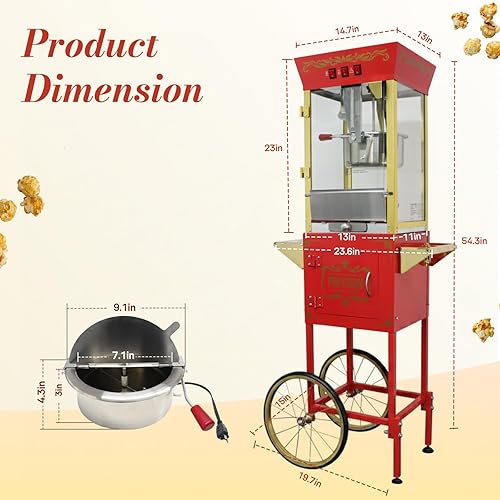 Miniatura 6 de Máquina de palomitas de maíz con carrito, máquina de palomitas de maíz estilo teatro de 10 onzas que hace hasta 50 tazas, máquina de palomitas de