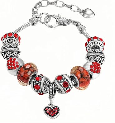 Pink Hearts Silver Plated Charm Bracelet, DIY Jewelry for Women with Beads, Charms, and Adjustable Snake Chain, Fits 7.5"+1.5"