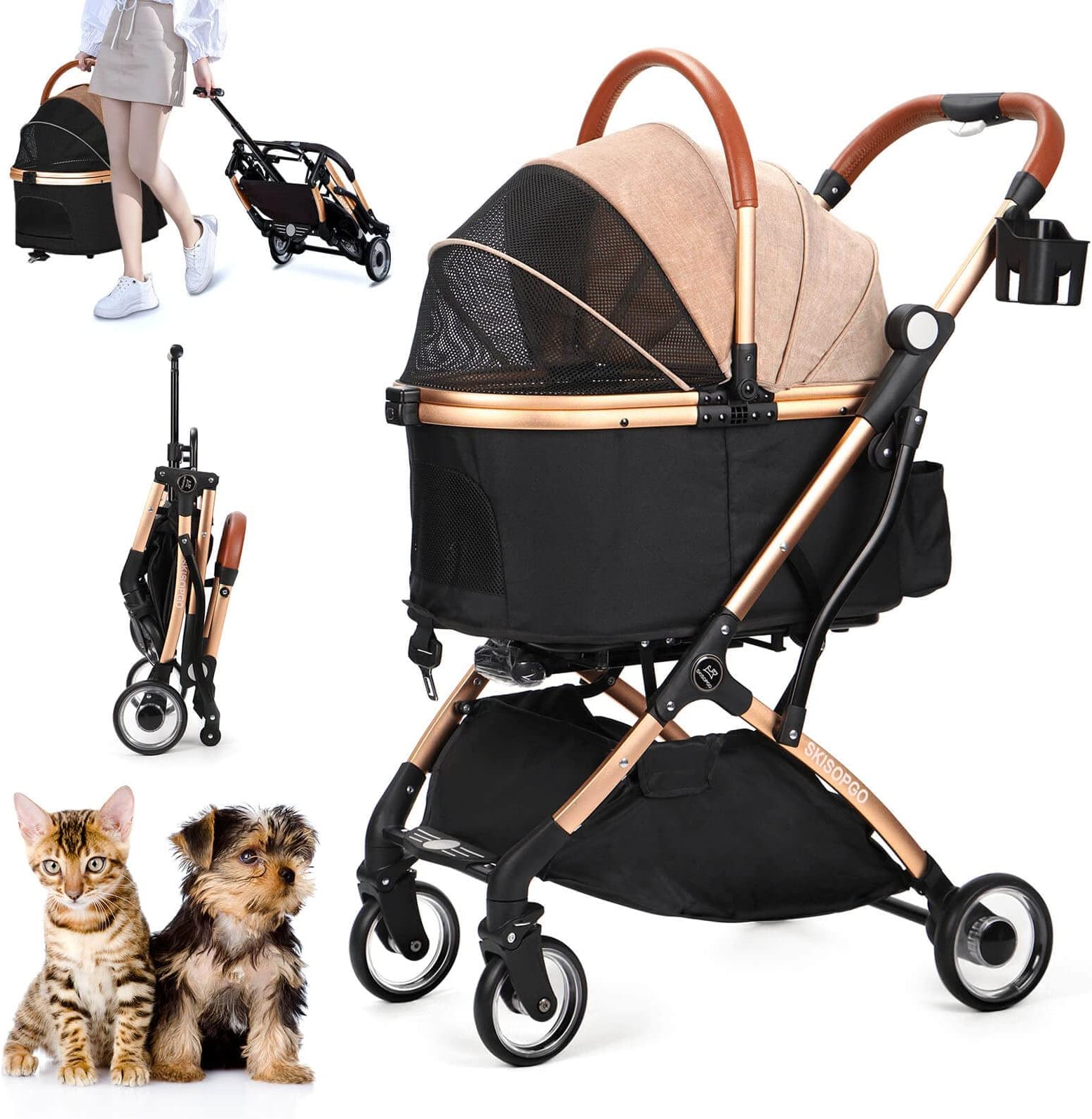SKISOPGO 3 in 1 Foldable Pet Stroller for Small Medium Dogs Cats, No-Zip with Detachable Carrier, Push Button, Luxury Pet Gear Stroller for Puppy Travel (Khaki)