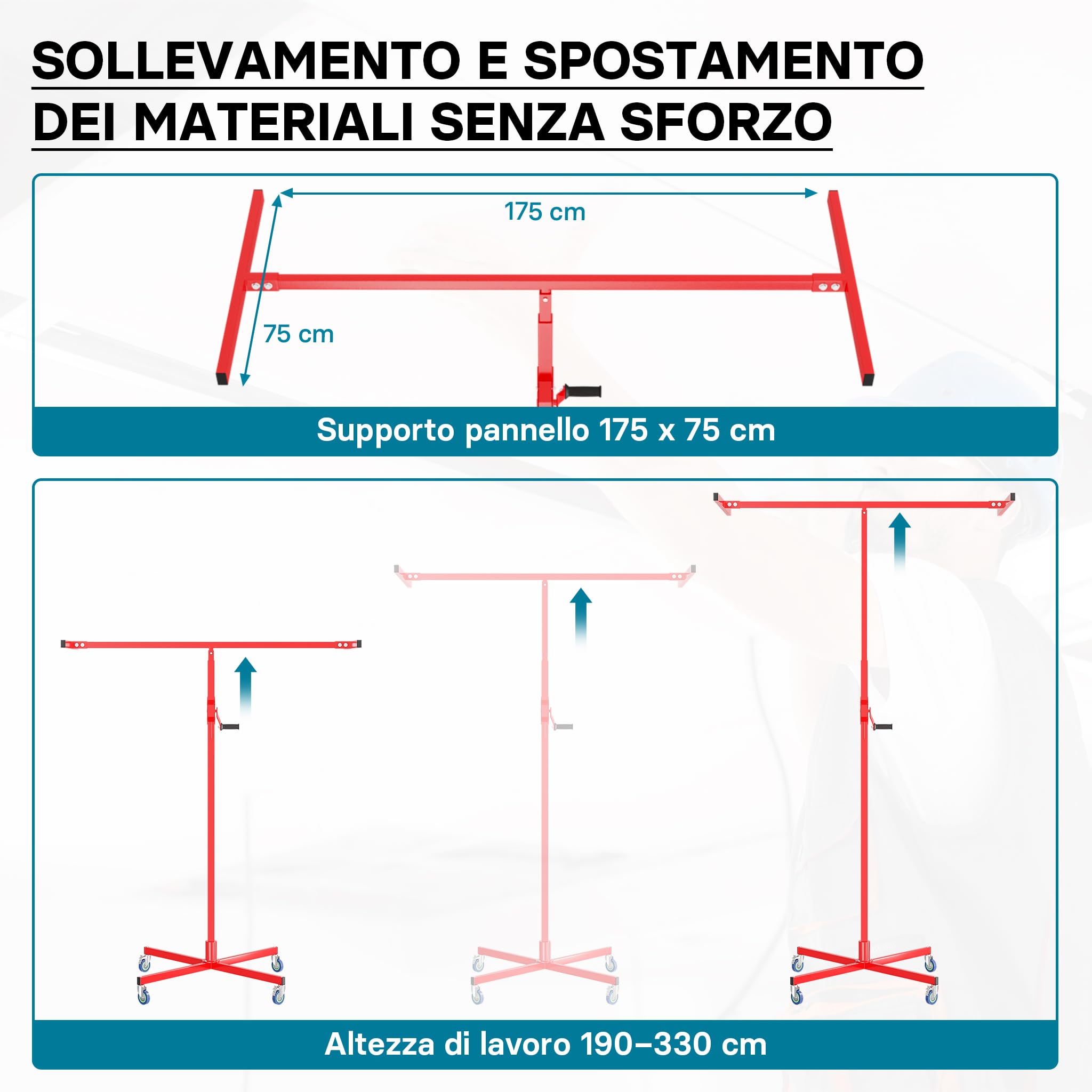 Wiltec Alzalastre per cartongesso fino a max. 50 kg, altezza 190-330 cm, ausilio di montaggio per cartongesso, sollevatore per pannelli con 4 ruote, freni di stazionamento