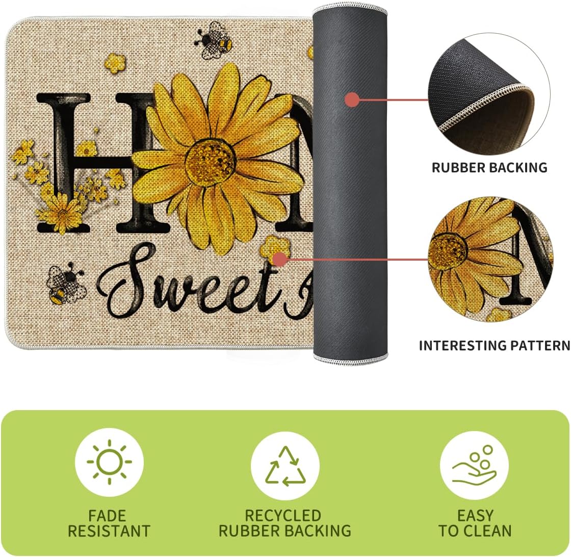 Artoid Mode Beige Bee Sunflower Daisy Home Spring Kitchen Mats Set of 2, Summer Home Decor Low-Profile Kitchen Rugs for Floor - 17x29 and 17x47 Inch