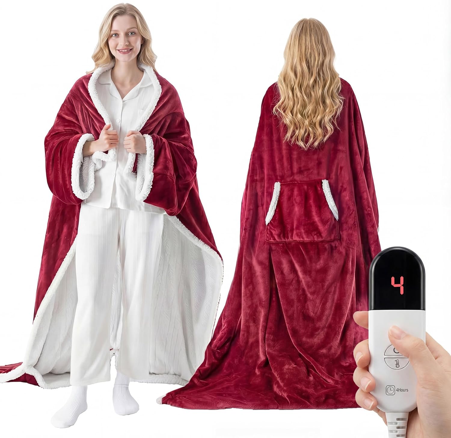 Wearable Heated Blanket with Foot Pocket, Wearable Electric Throw Blanket with Sleeves, Flannel & Sherpa Heated Throw Blanket with 6 Heat Settings, 1-12 Hours Auto Shut-Off, 52"x72", Red
