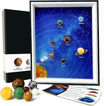 Solar System Project Kit for Kids 8-12, 8 Real Gemstone Planets | STEM astronomy learning, 8 fact cards, 10.9 x 9 in tabletop display, stable X-clip stand, gift for space fans