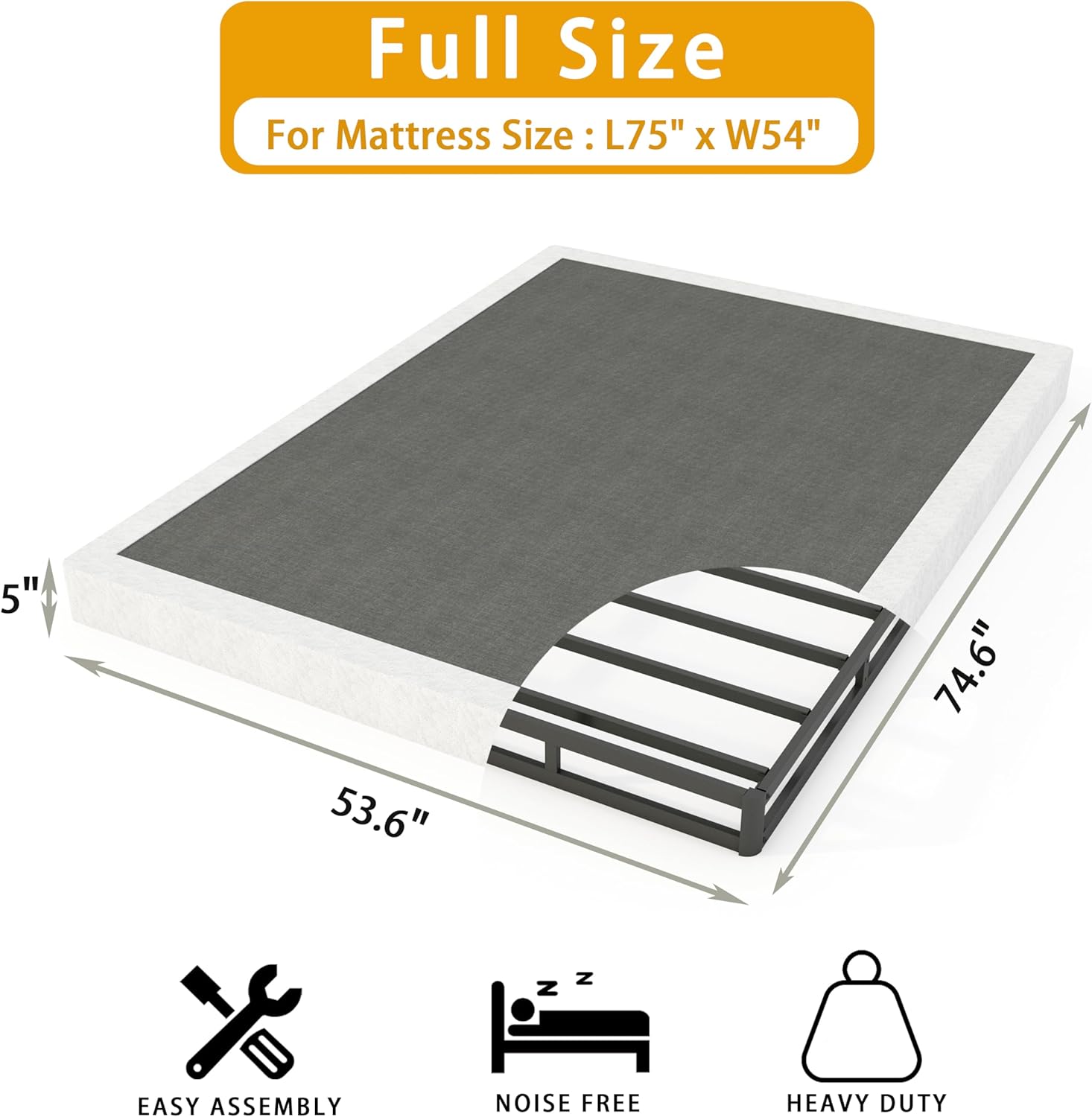 LUMUNANCE 5 Inch Box Spring Full Size, Heavy Duty Metal Box Springs for Full Bed Mattress Foundation with Fabric Cover, Easy Assembly