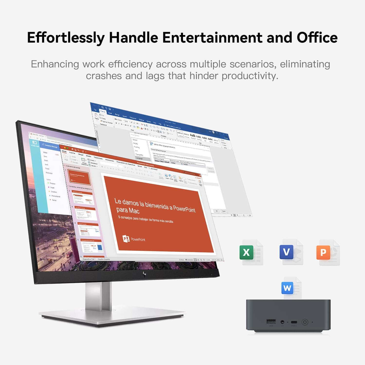 Beelink EQR5 Mini PC in an office setup with dual monitors