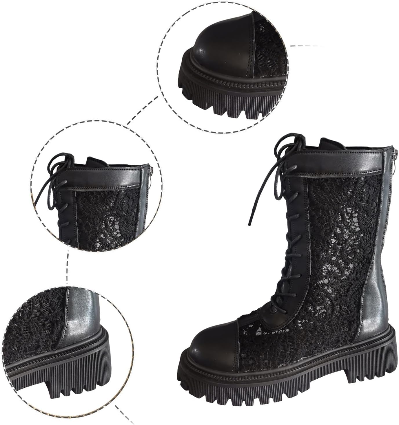 Wide Calf Knee High Boots for Women Casual Solid Mesh Lace Hollow Breathable Thick Bottom Zipper Booties Fall