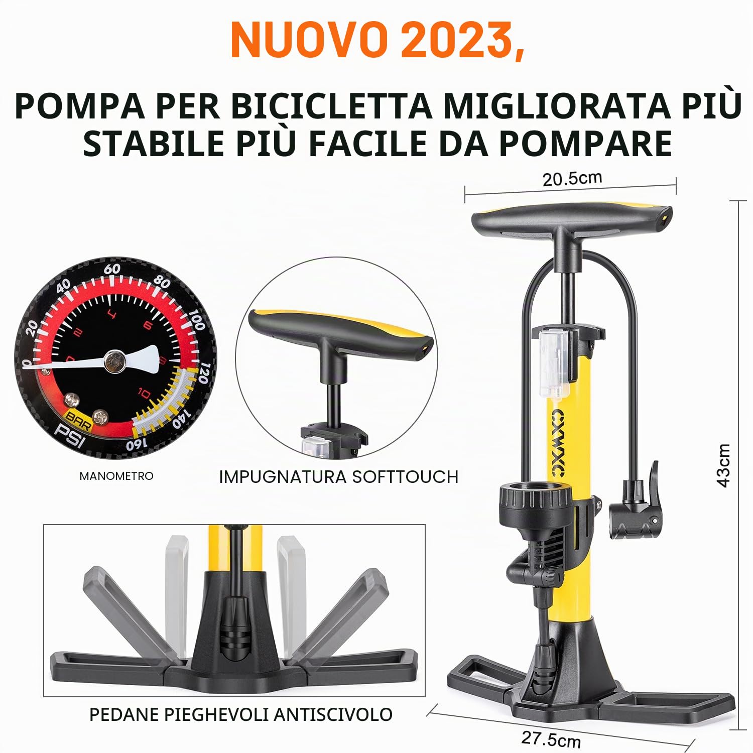 Pompa per bicicletta con manometro 11 bar/160 psi per strada, e-bike, MTB