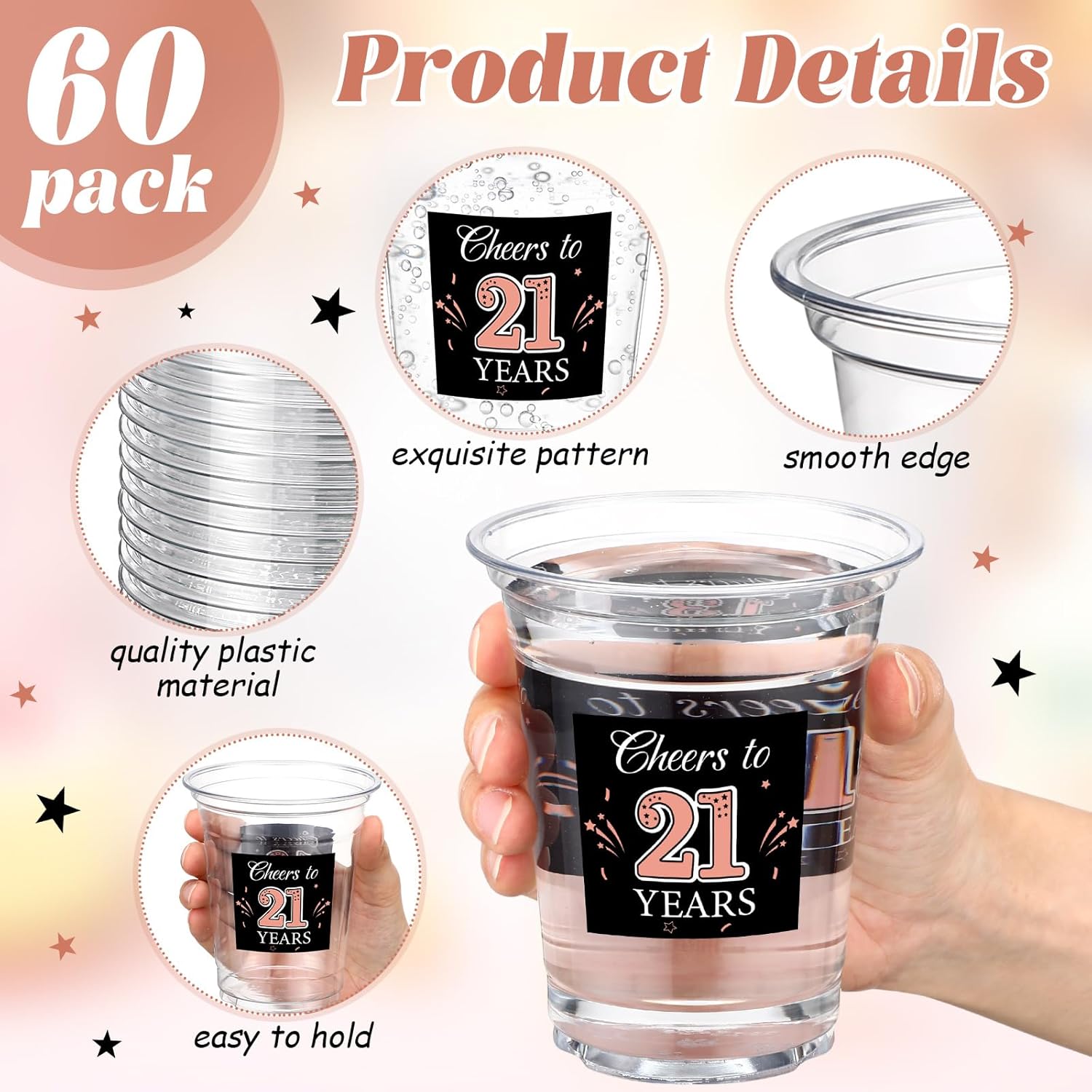 Amyhill 60 Pack 21st Birthday Plastic Cup Bulk 12 oz Cheers to 21 Years Disposable Clear Cup Happy Birthday Party for Men Women Rose Gold Decorations Party Favors Anniversary - Image 2