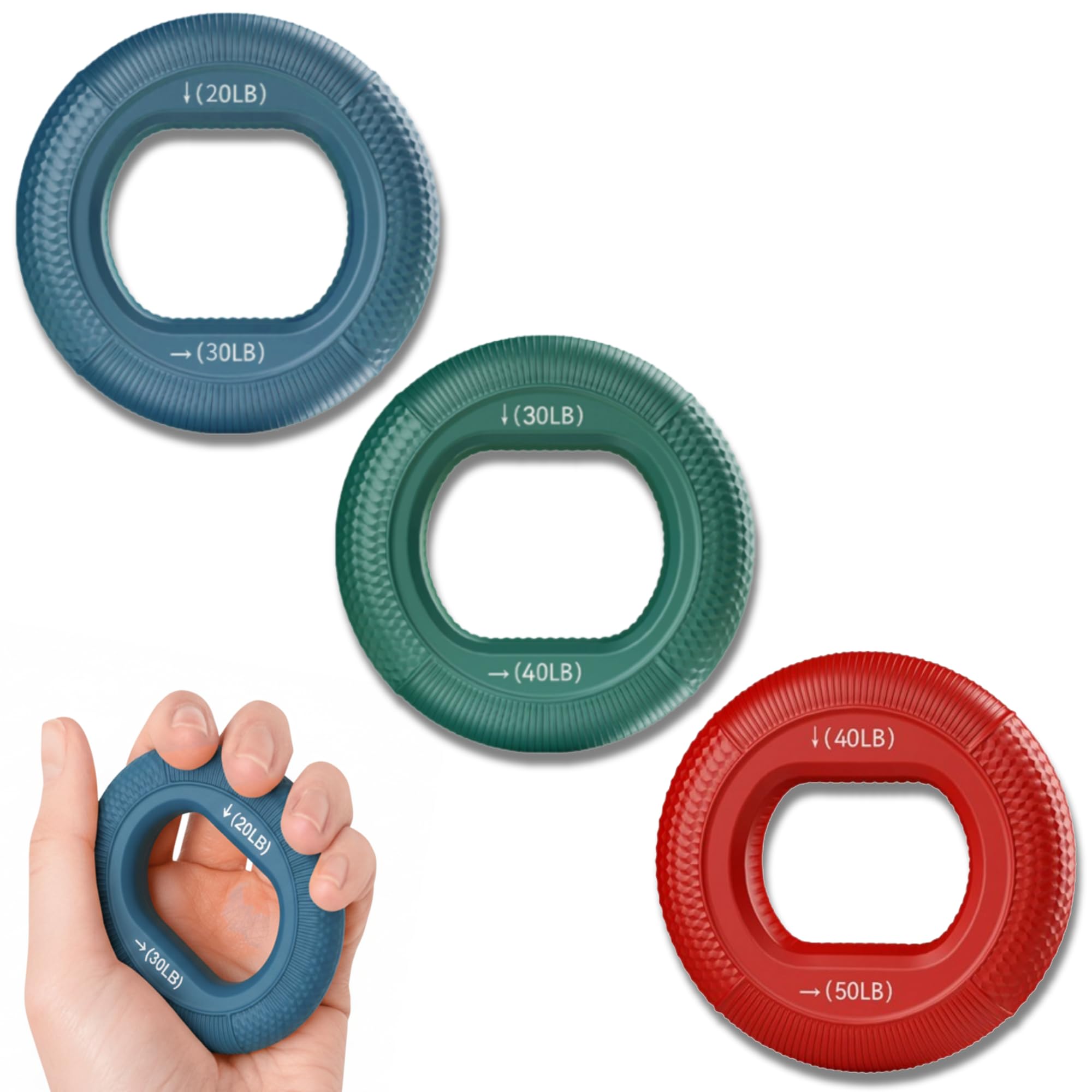 LEZER Hand Grip Strengthener, Finger Exerciser, Forearm Ring, Silicone Squeezer, Muscle Training, Fitness Workout, Physical Therapy, Set of 3, 20-60 LBS