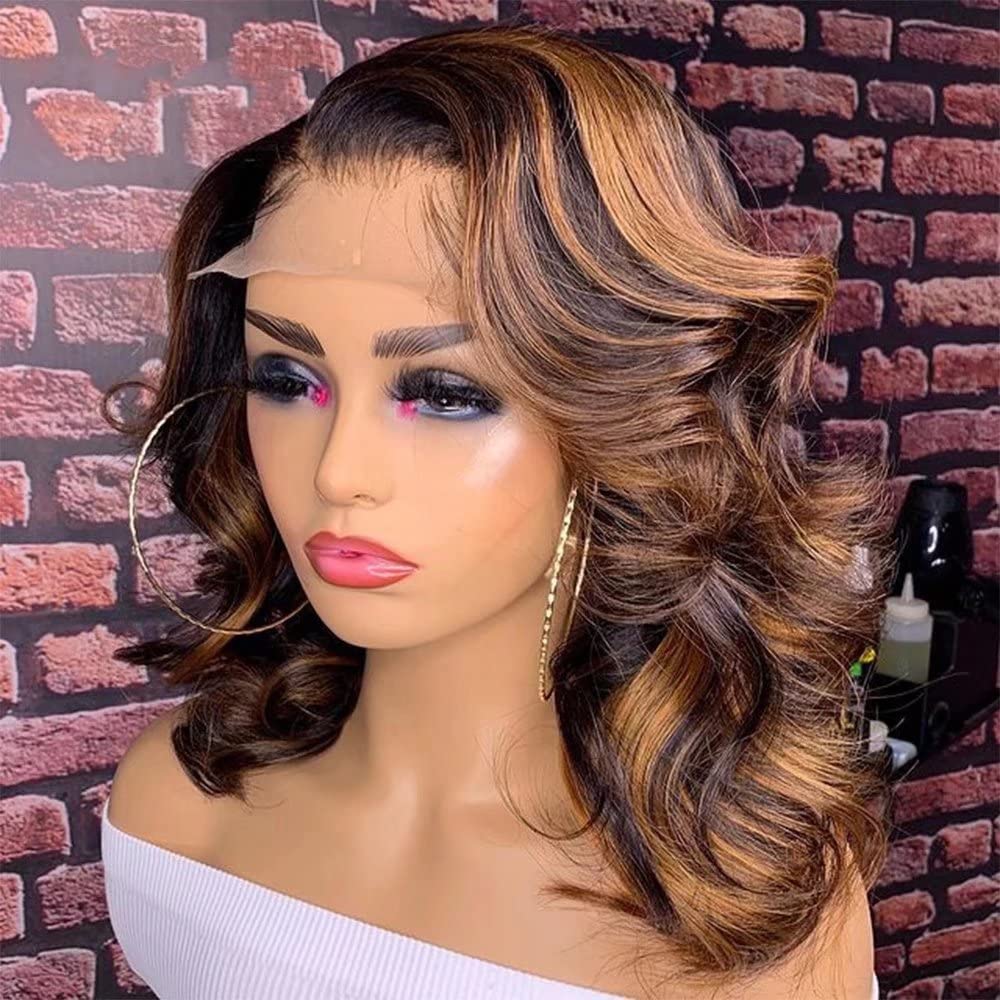 Transparent HD Lace Wig 1B 30 Color Highlight Bouncy Water Wave Bob Wig Pre Plucked 150% Density Short Bob Curly 13x4 HD Glueless Invisible Lace Front Wig Human Hair Baby Hair Bleached Knots 12"