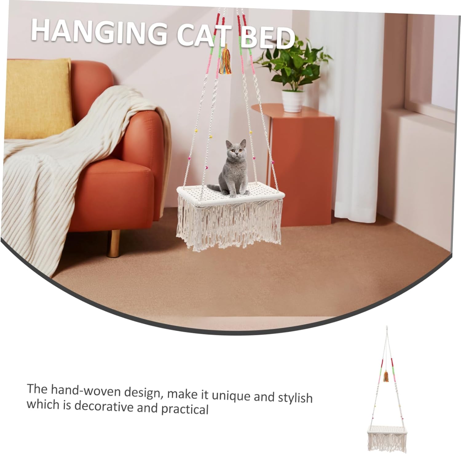 Wakauto Bohemia Style Hanging Cat Bed with Tassel Macrame Hammock for Small Pets Cozy Warm Swing Bed for Cats Hamsters and Chinchillas Easy to Install