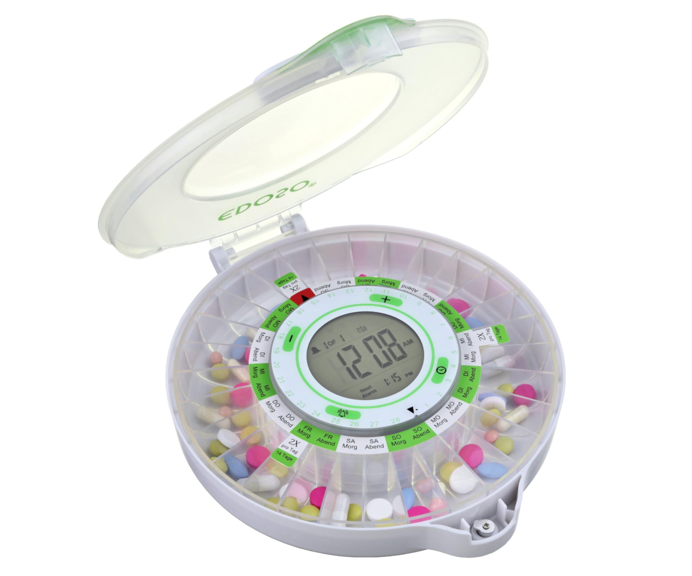 Automatische Box für Medikamente Tabletten Ginkgo Biloba Ergänzungsmittel | Bei Vergesslichkeit im Alter oder leichter Demenz | 9 Alarme | Großes Display | Deutsche Ringe (Matt)