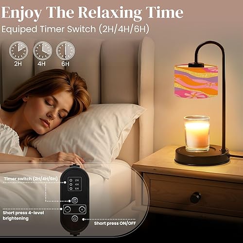 Miniatura 4 de Candle Warmer Lamp with Timer and Dimmer, Curvy Psychedelic Y2K 70s Diagonal Flowers Fun Funky Retro Stationary Wax Melt Warmer with 4 Bulbs, House