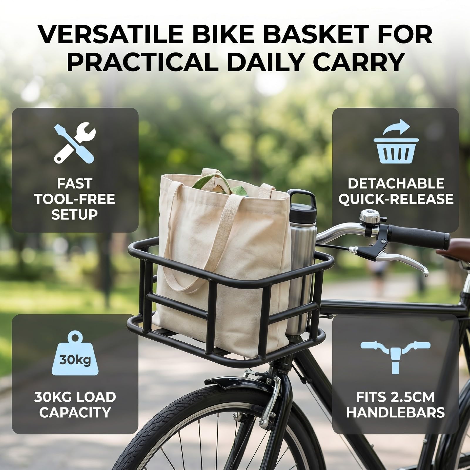 Generic Cestino Anteriore per Bici a Sgancio Rapido, Stile Intrecciato Regolabile in Acciaio con Design Staccabile per il Pendolarismo della Spesa