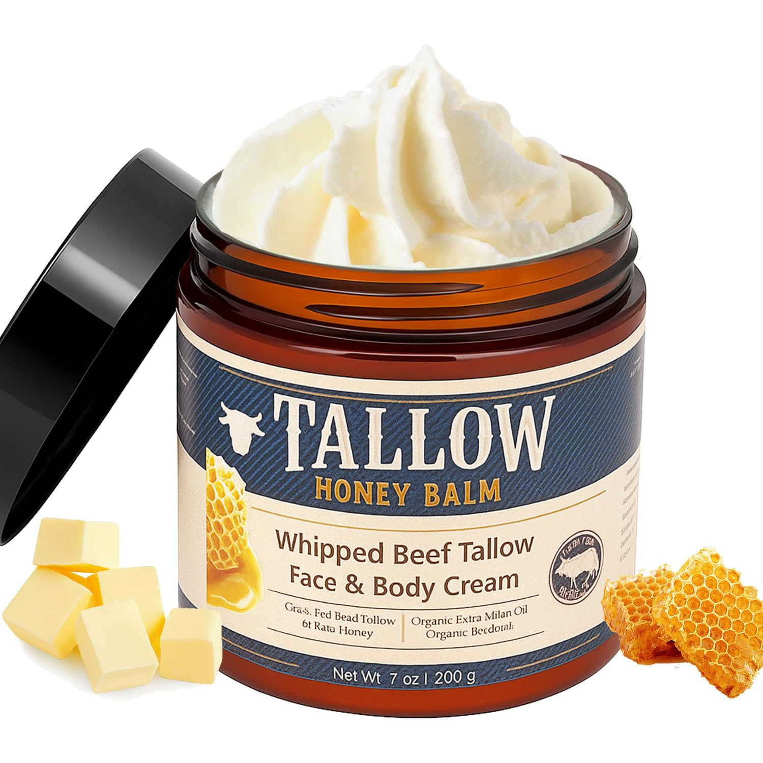 Beef Whipped Tallow Skincare Face Cream with Raw Honey & Vitamin E- Nourishing & Repairing Moisturizer for Dry Skin – Anti-Aging Care, Grass-Fed Tallow Balm for Face and Body, 7oz