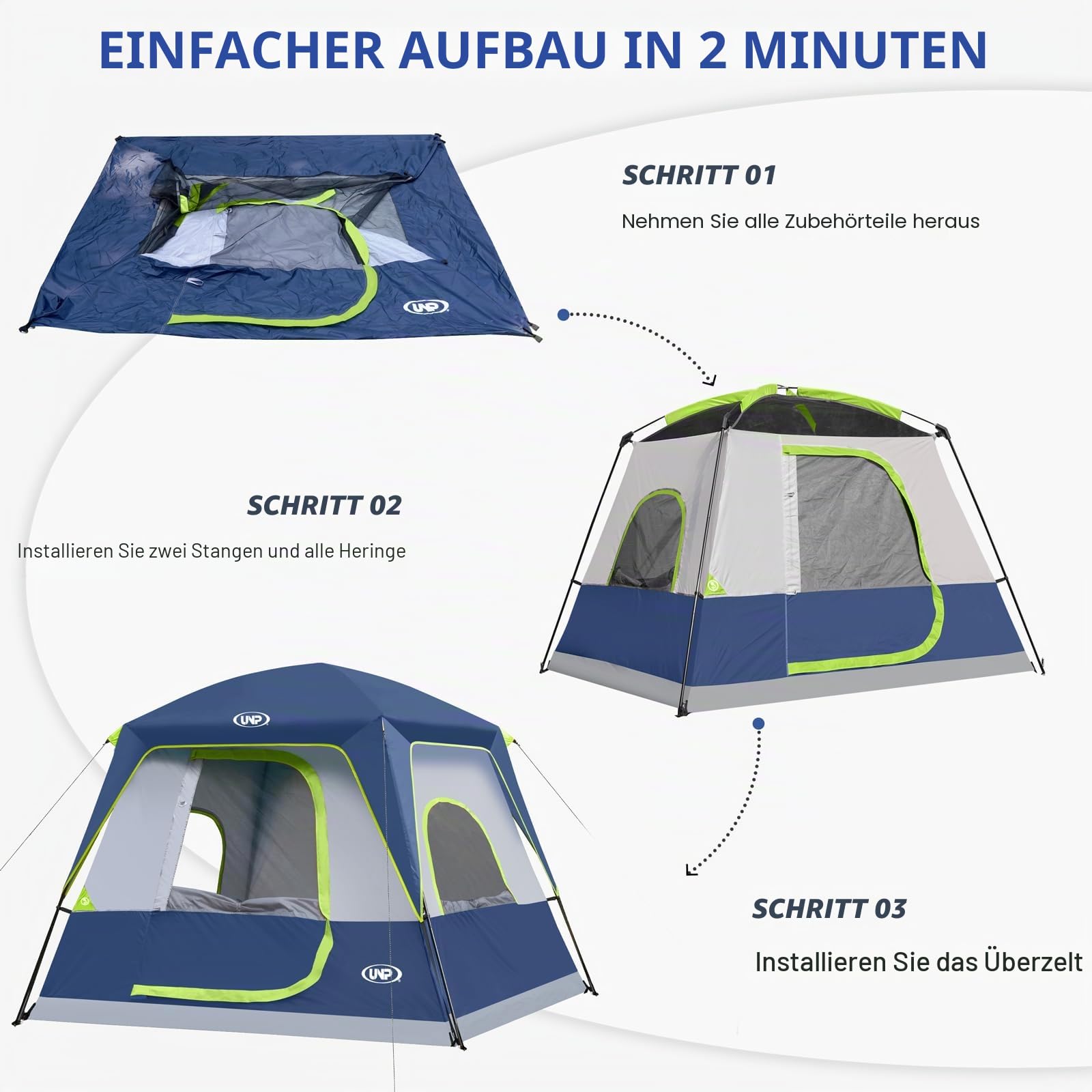 UNP Campingzelt FüR 4-8 Personen, Einfach Aufzubauen, Wasserdicht Mit Regendach, FüR Camping/Wandern Und Trekking, Zelt Stehhöhe