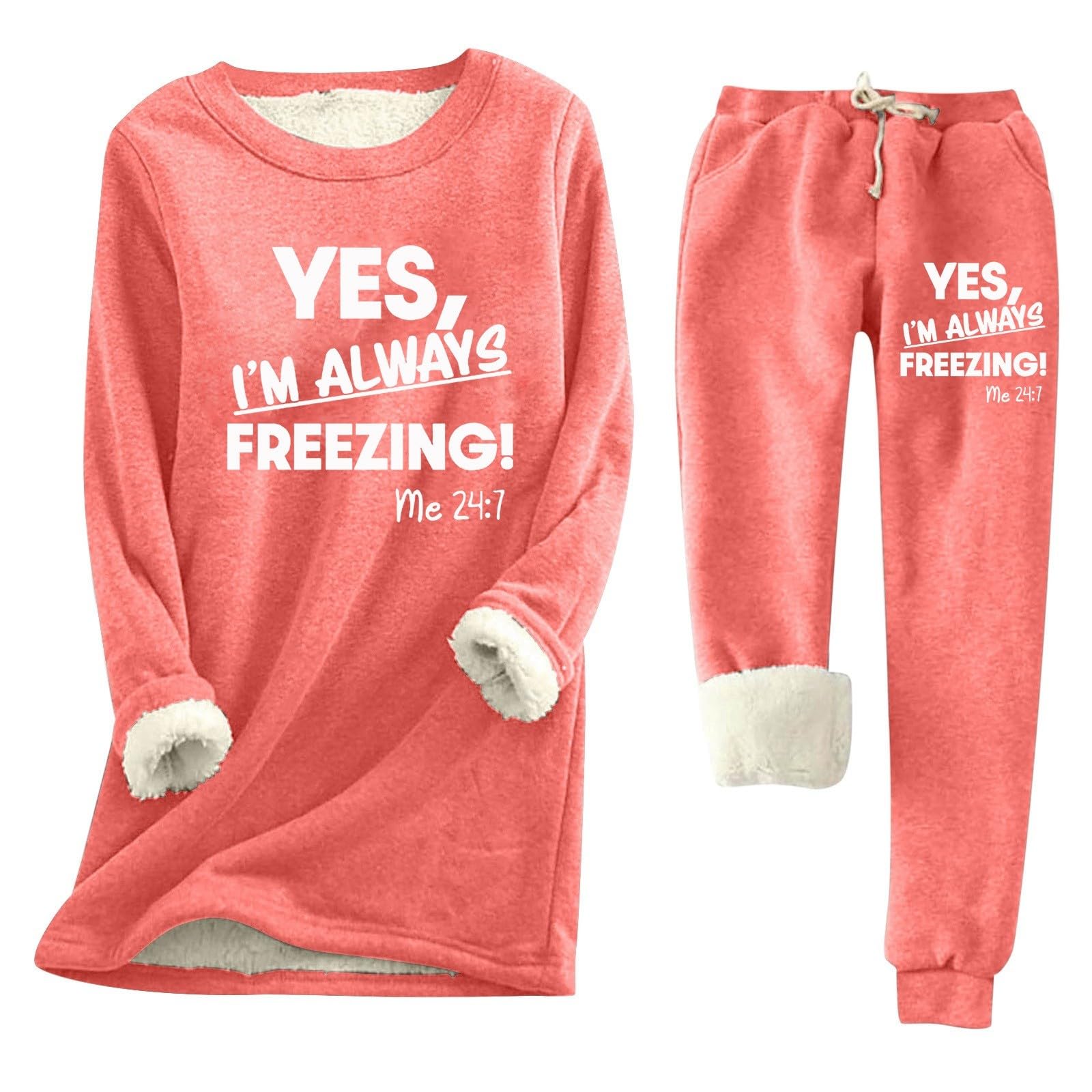Generisch Juego de ropa interior térmica para mujer, con forro polar, estampado de letras, para invierno, cuello redondo, parte superior para correr, 2 piezas, chándales cálidos