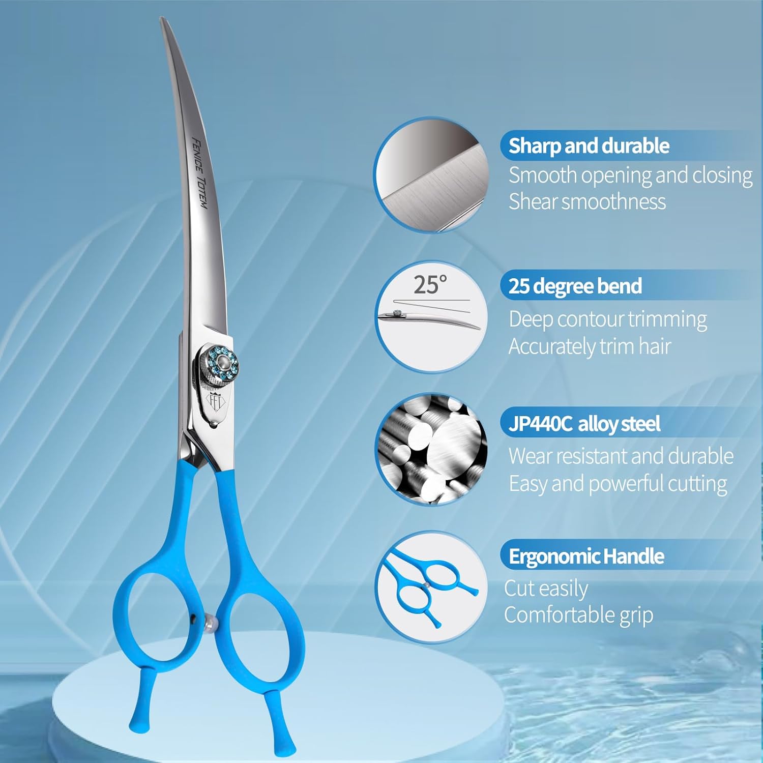 Professional Pet Grooming Curved Scissors, JP440C Alloy Steel, Blue Ergonomic Handle, Sharp and Durable for Dog Grooming (7.0")