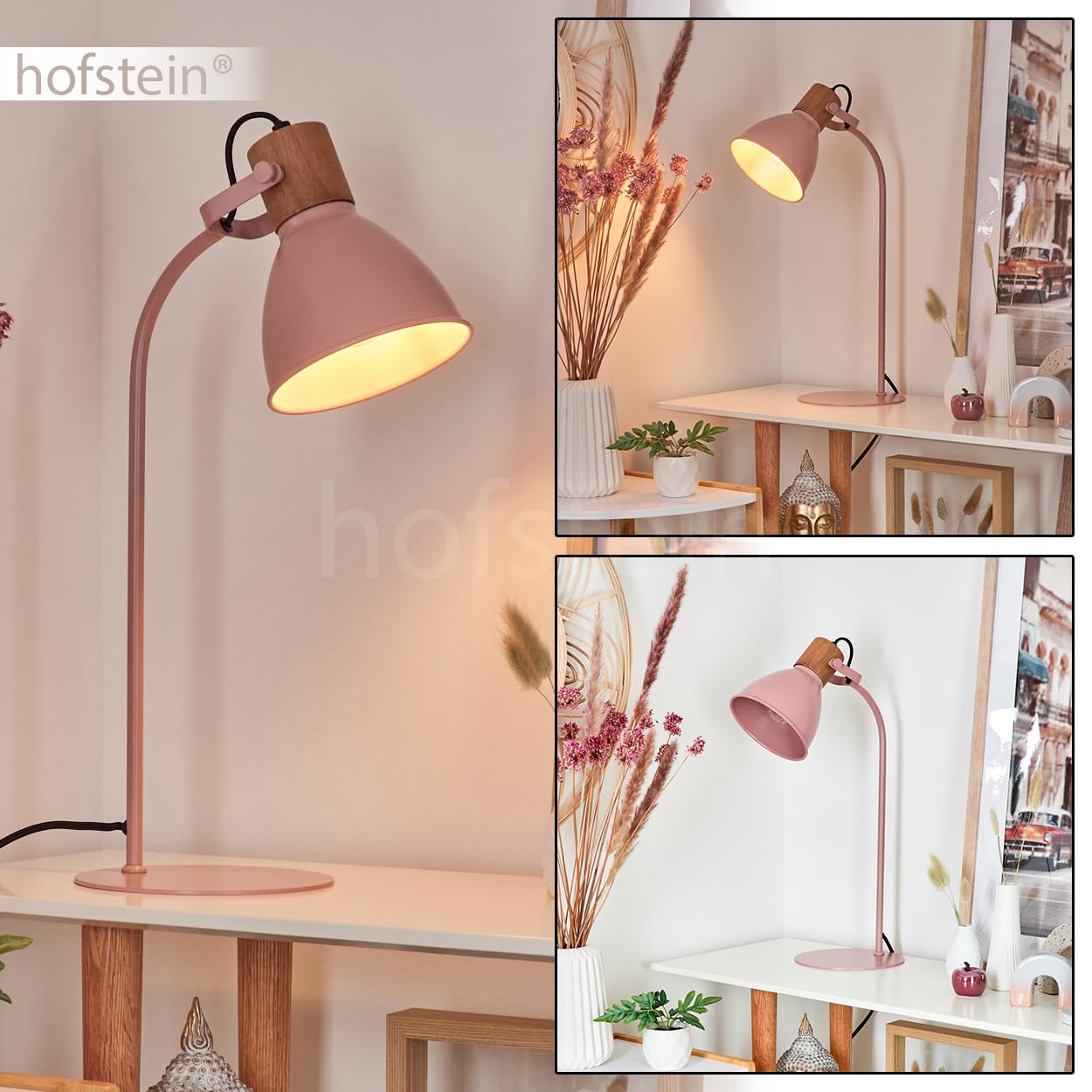 Tischeuchte Chipou, moderne Tischlampe aus Metall/Holz in Rosa/Pink/Natur, verstellbare Leseleuchte mit rundem Schirm (Ø 15 cm) und Schalter am Kabel, Höhe max. 51 cm, 1 x E27, ohne Leuchtmittel