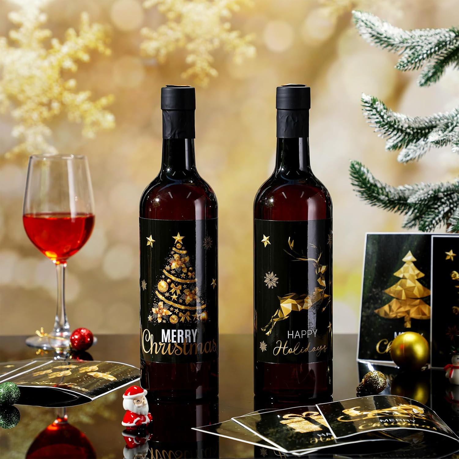 Maxcheck 12 Set 25 oz Plastic Wine Bottles 750ml Clear Empty Liquor Bottles Set with 12 Labels Stickers 20 Shrink Capsules Caps and 12 Adhesive Christmas Label Stickers, Xmas Wine Bottles (Dark Green)