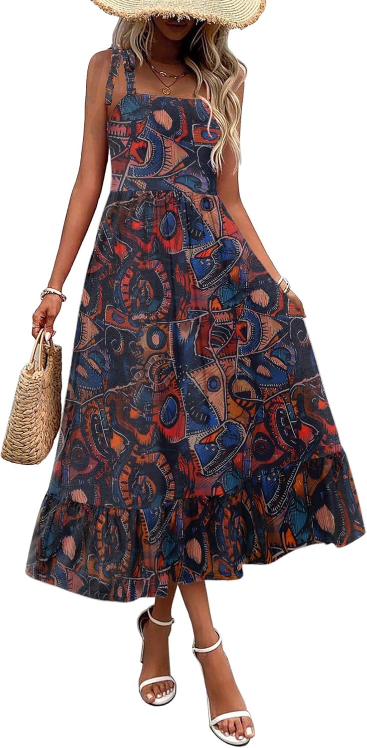 Zeagoo Women Summer Maxi Dress with Pockets 2025 Spaghetti Strap Sundress Casual Flowy Boho Dress Floral Tiered Beach Dress
