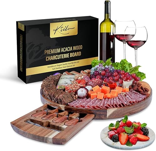 Miniatura 9 de Ksilo Juego de tablas redondas extra grandes, 17 pulgadas, tabla de queso de madera de acacia de primera calidad y juego de cuchillos con plato de