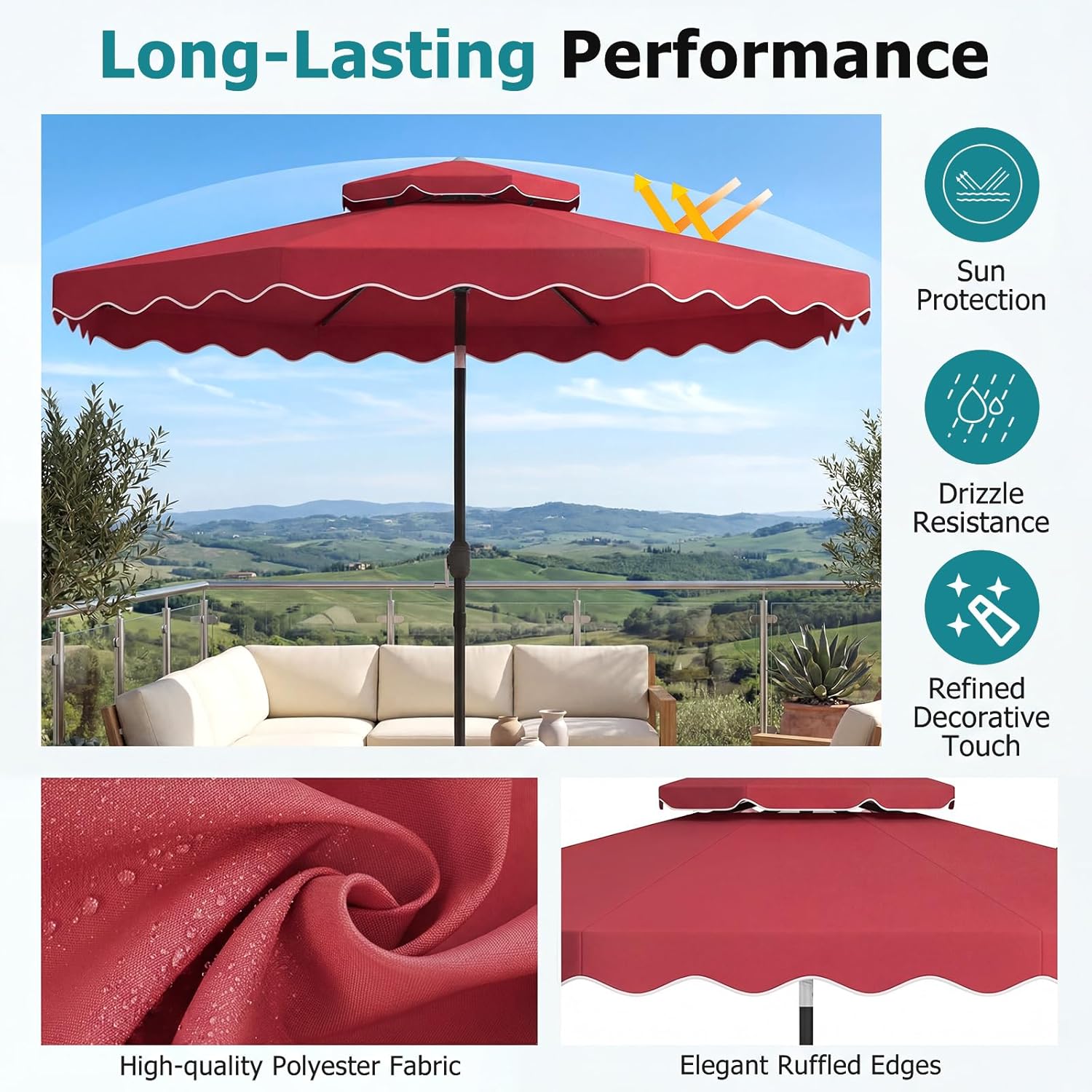 Happygrill 10 FT Patio Umbrella, Scalloped Outdoor Table Market Umbrella with Push Button Tilt & Crank, 2-Tier Vented Top, Heavy-Duty 8 Metal Ribs, Sun-Protective Canopy, Ruffle for Deck Pool Garden (Red)